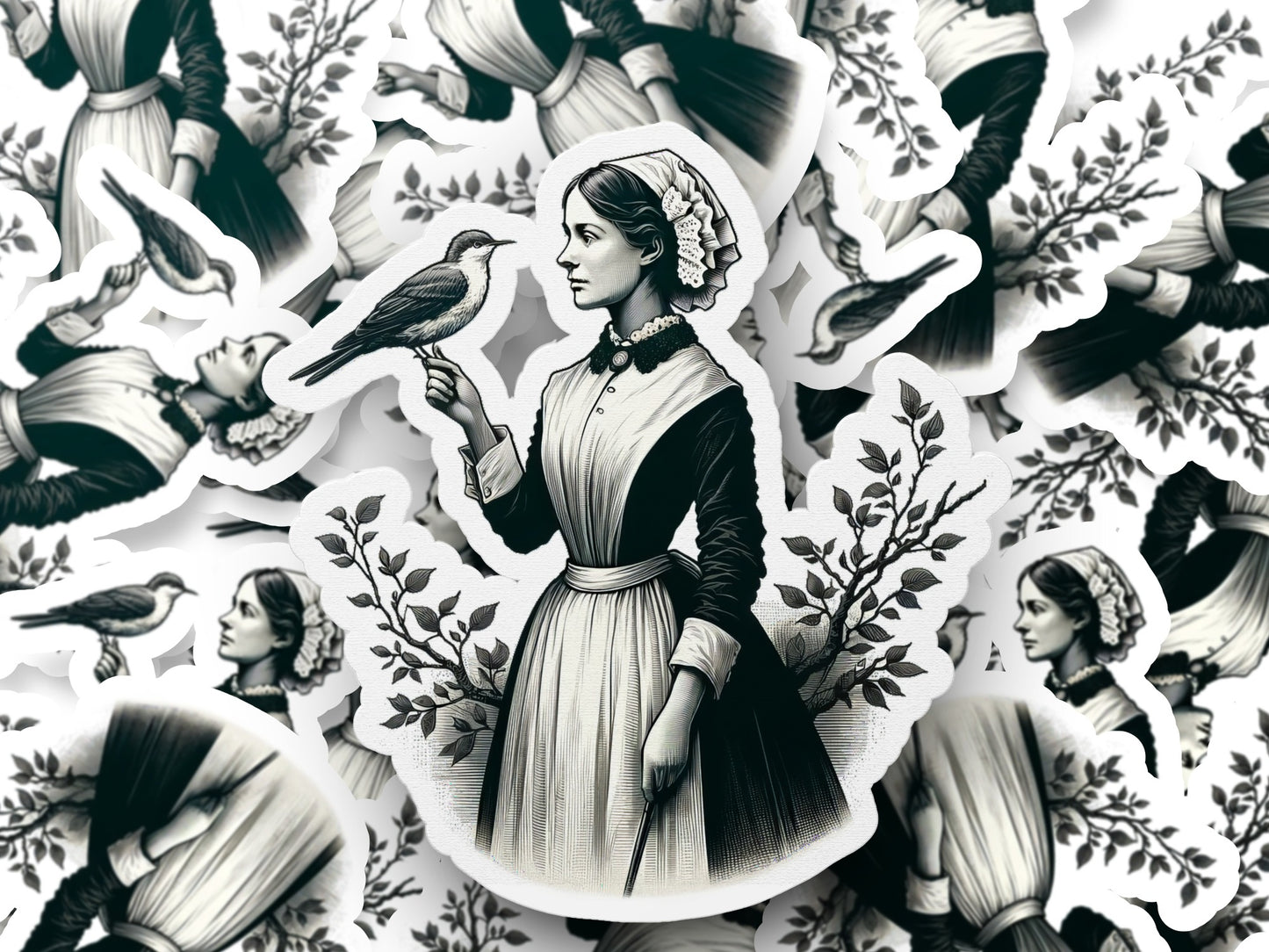 Vintage Victorian Woman and Bird Illustration, Classic Monochrome Art Print, Elegant Home Decor, Unique Wall Art, Gift Idea