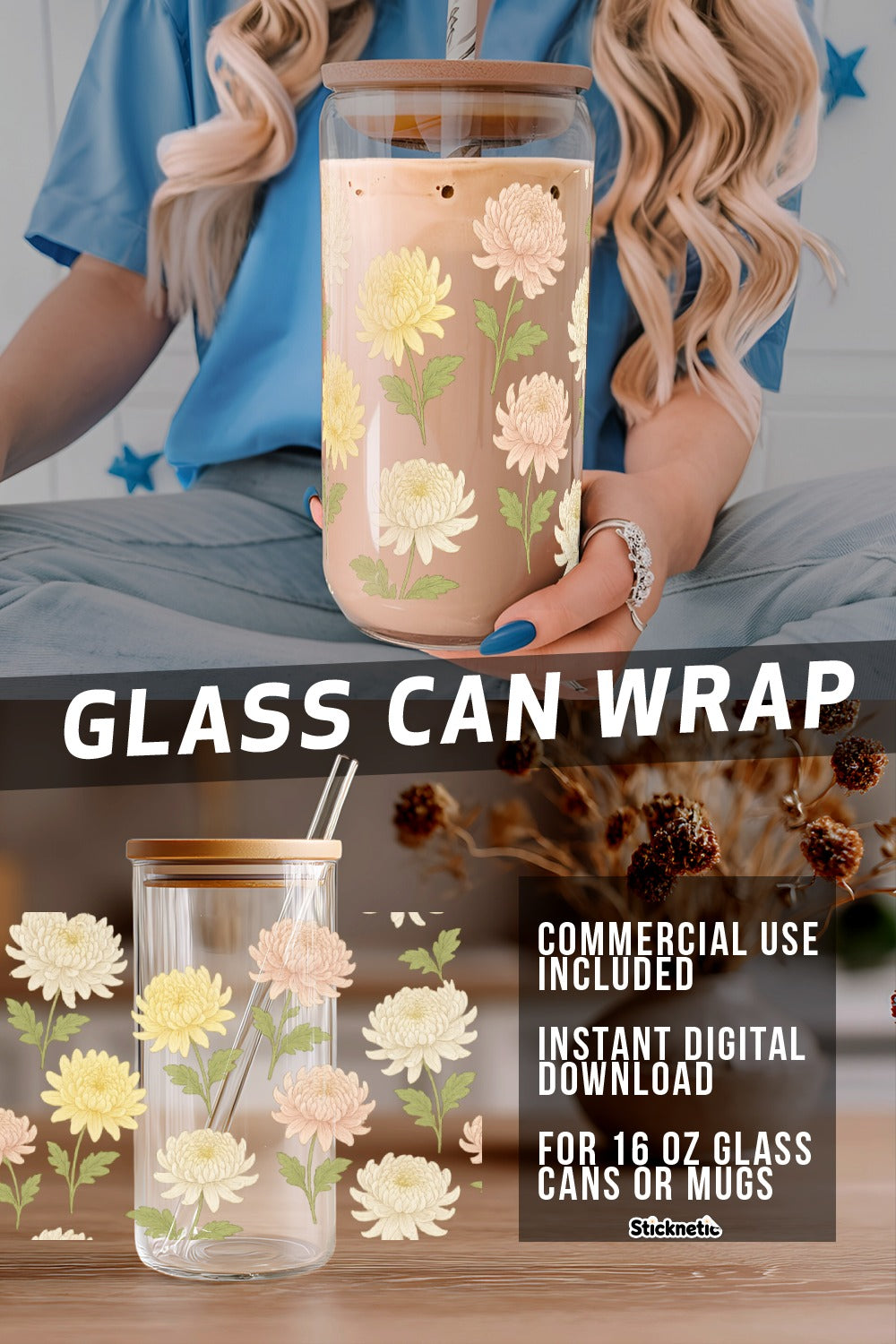 Glass Can Wrap Floral Design for 16 oz Mugs, Instant Digital Download Included