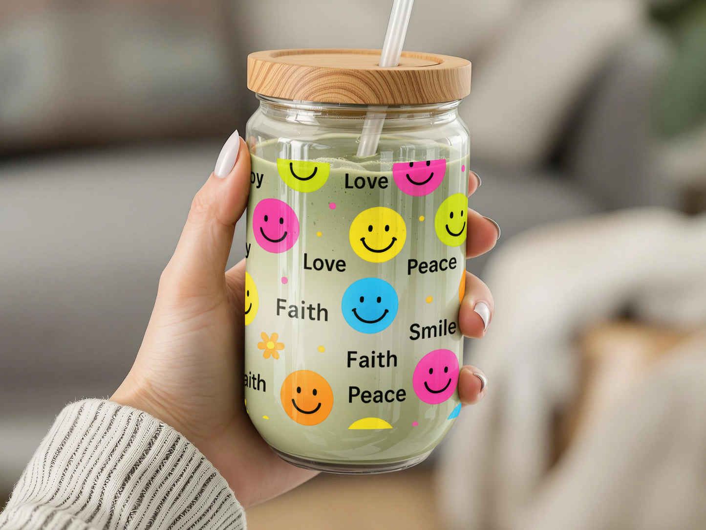 Colorful Happy Face Glass Drinking Jar with Straw, Smiley Face Tumbler, Positive Vibes, Eco-Friendly Reusable Cup