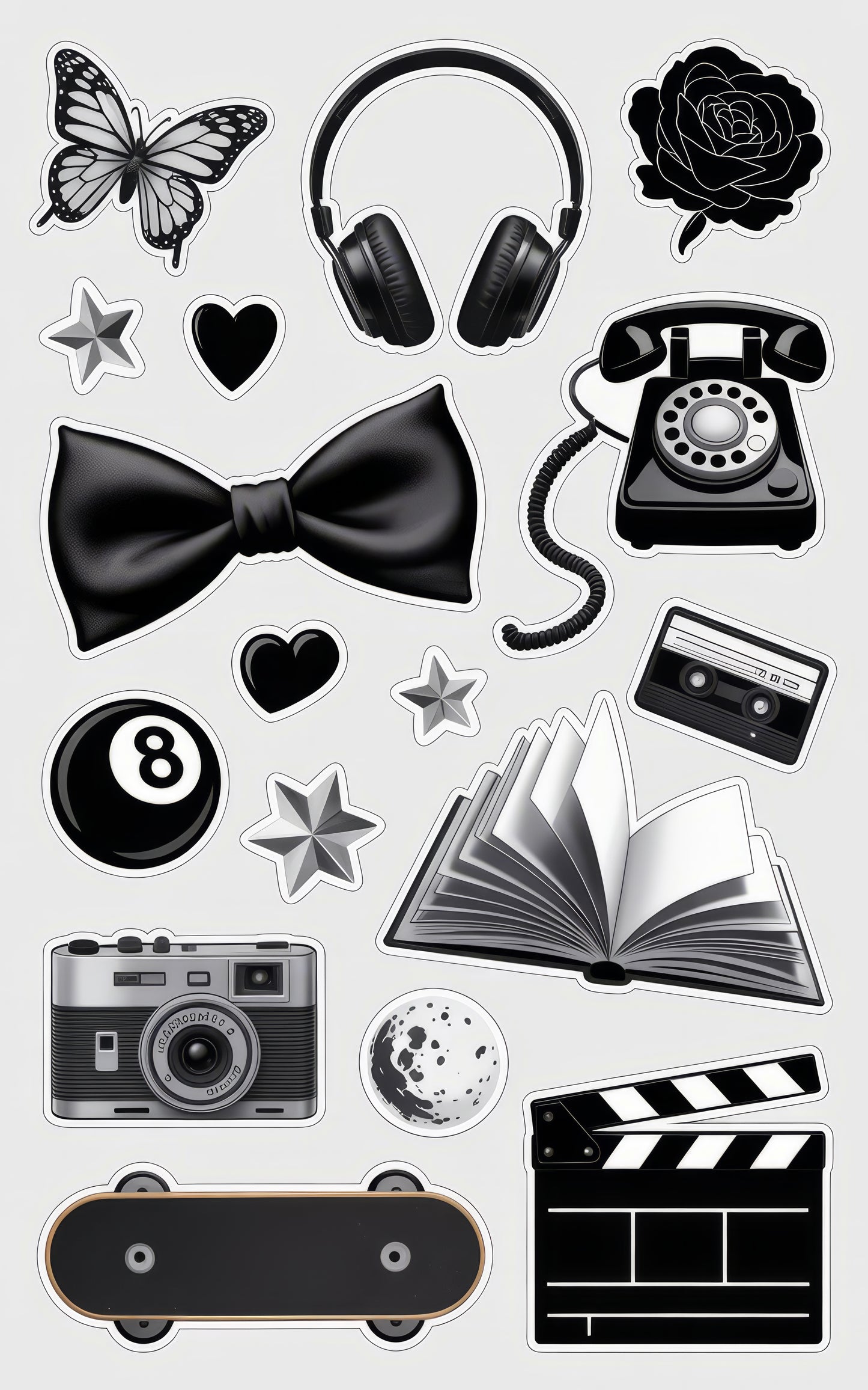 Vintage Sticker Pack, Retro Camera, Phone, Skateboard, Butterfly, Cassette Tape, Film Clapboard, Floral and Star Decals