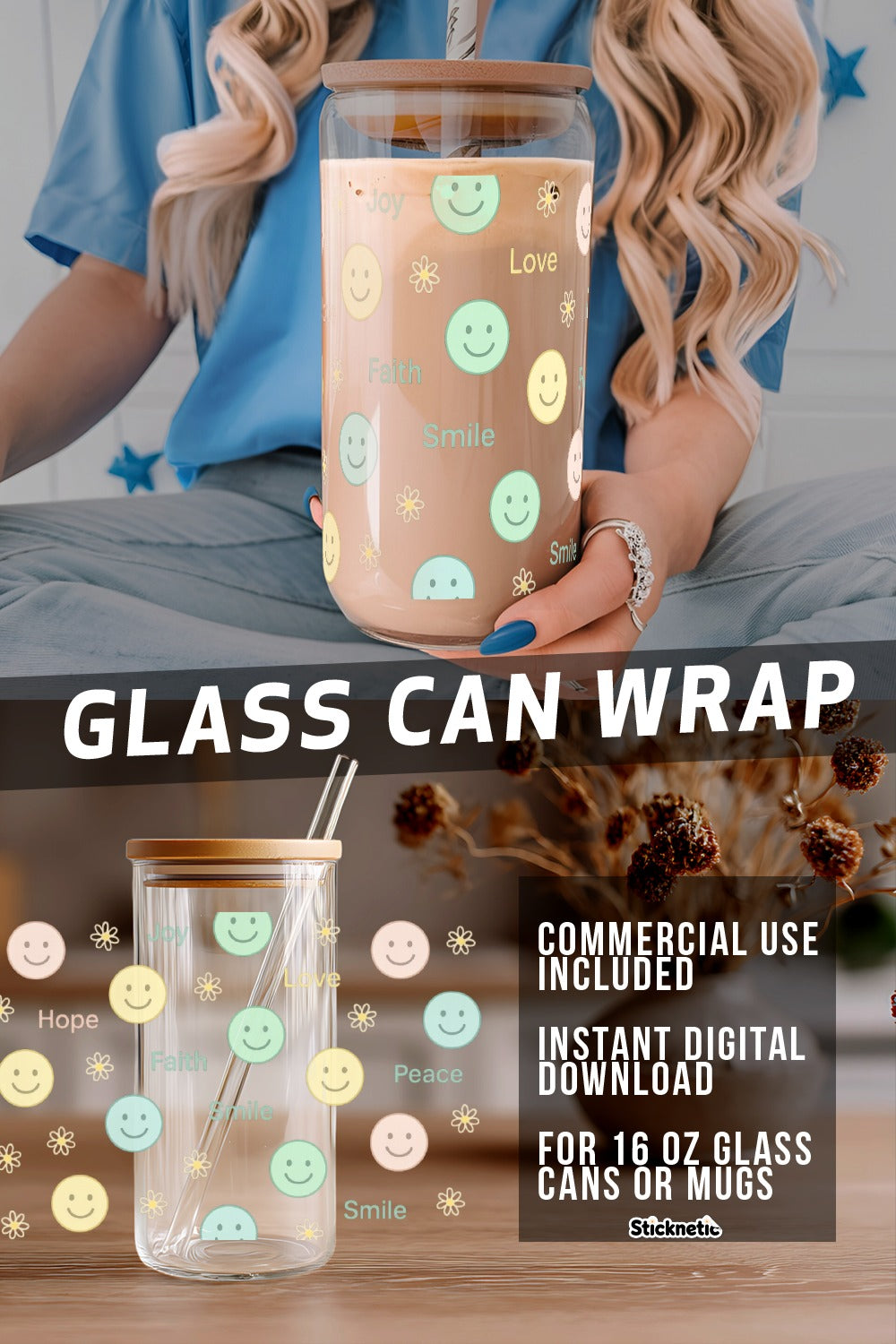 Smiley Face Glass Can Wrap, Digital Download, Commercial Use, 16 oz Glass Can Sticker Template, Joy Love Peace Design