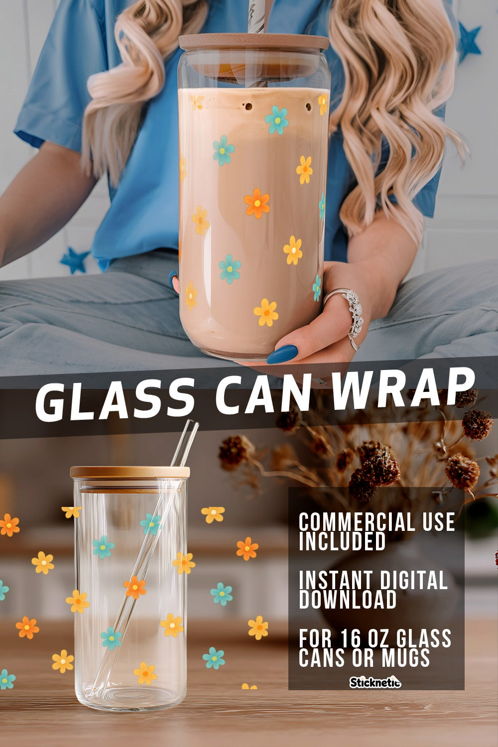 Floral Glass Can Wrap, Reusable 16oz Cup Sleeve, Instant Download, Digital Glass Mug Decal, Colorful Flower Design, DIY Drinkware Accessory