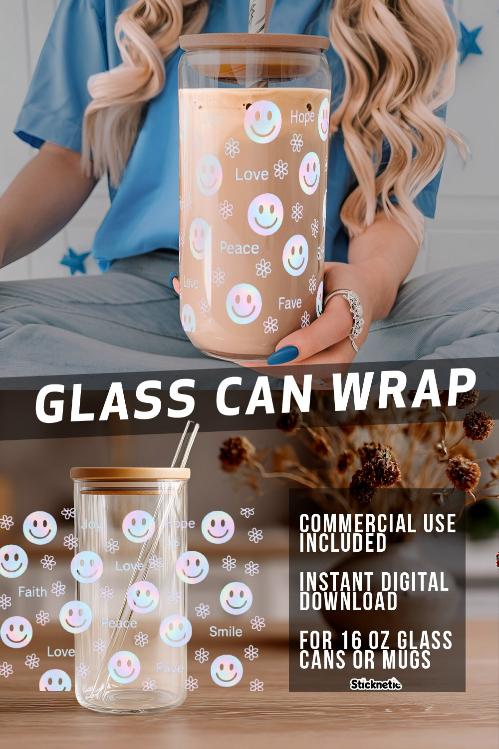 Smiley Face Glass Can Wrap, Printable Vinyl Sticker, Instant Download, DIY 16 oz Mug Decal, Happy Emoticon Design