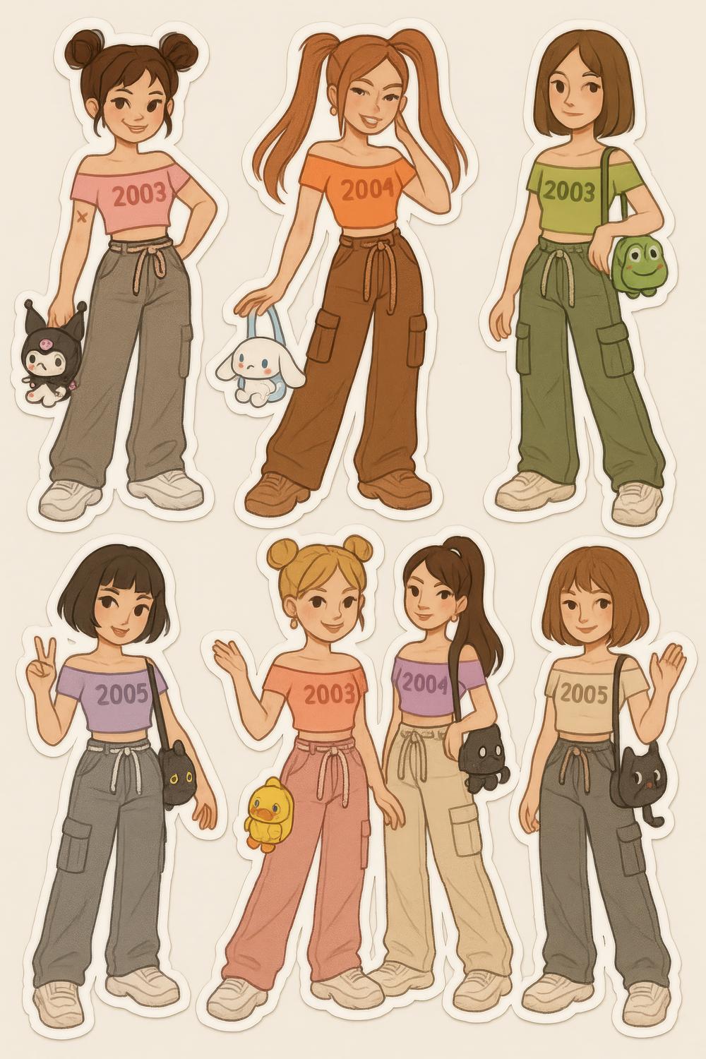 Cute Anime Girls Stickers, Cartoon Teen Fashion, Kawaii Character Decals, Trendy Outfits, Collectible 2000s Nostalgia Pack