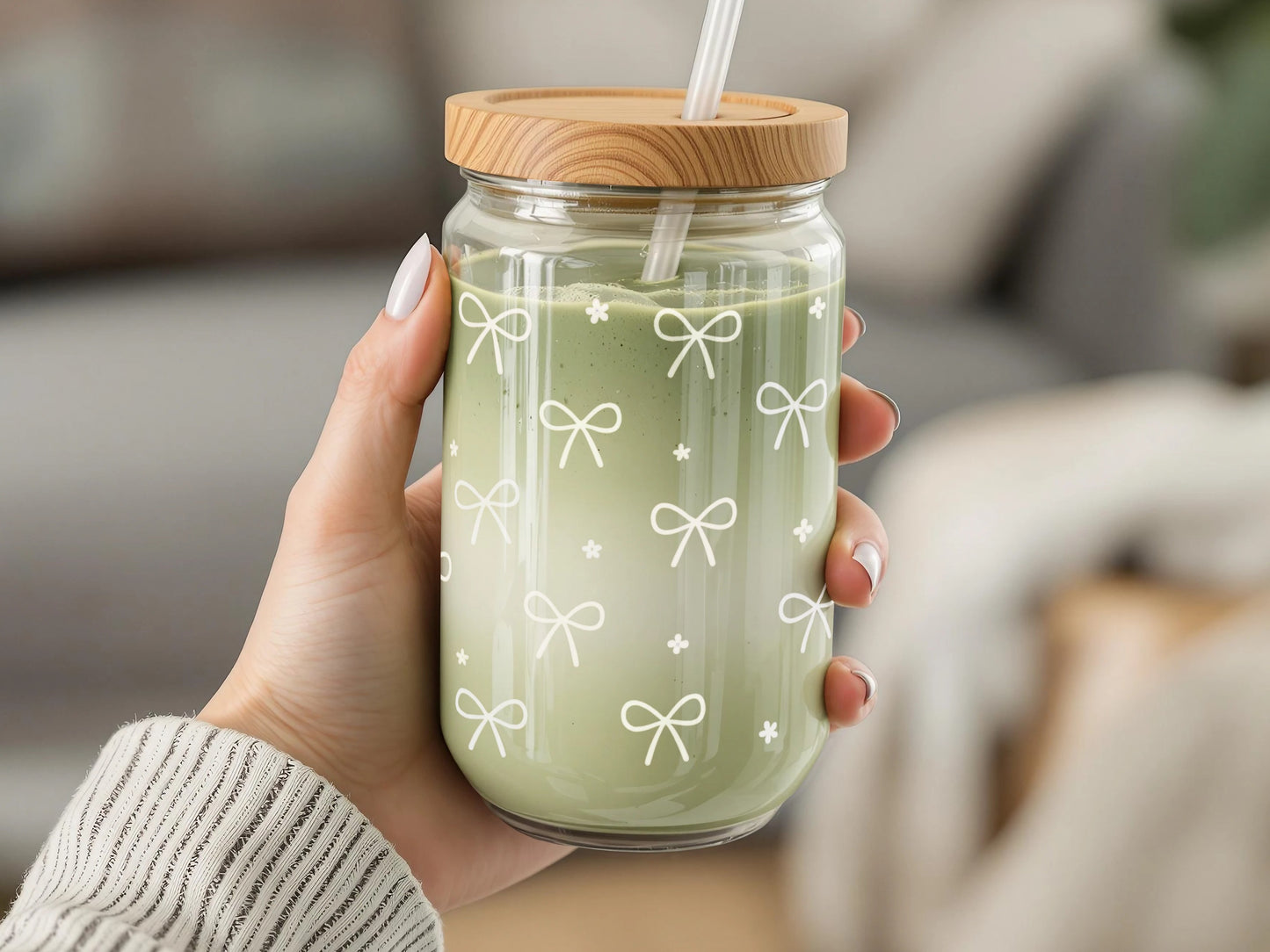 Handheld Glass Jar with Lid and Straw, Sage Green Drinkware, Reusable Smoothie Cup, Eco-Friendly Gift Idea