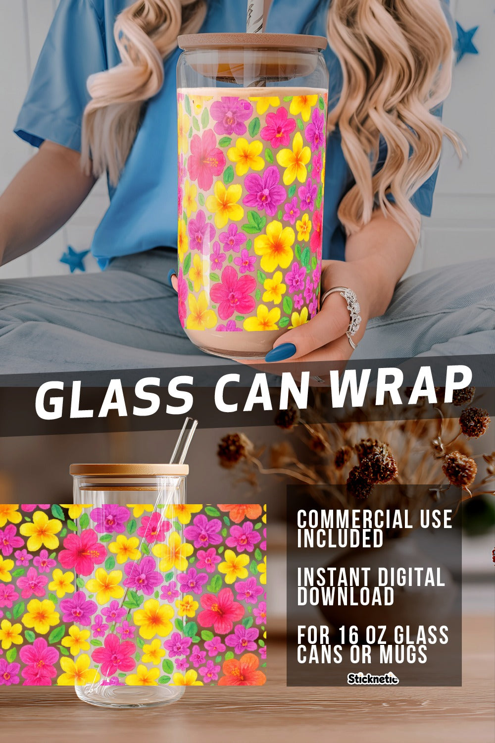 Colorful Floral Glass Can Wrap, 16 oz Reusable Mug Sleeve, Instant Download Digital File for Commercial Use