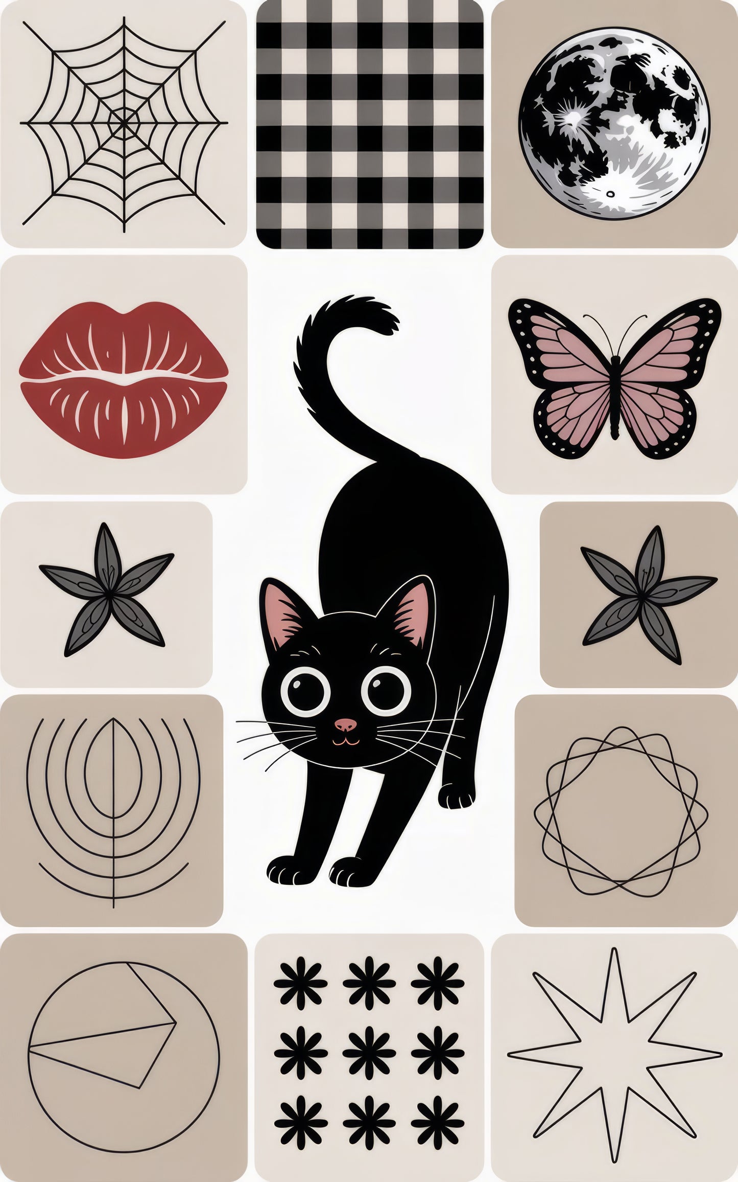 Black Cat and Butterfly Wall Art, Moon Phase, Spider Web Poster Set