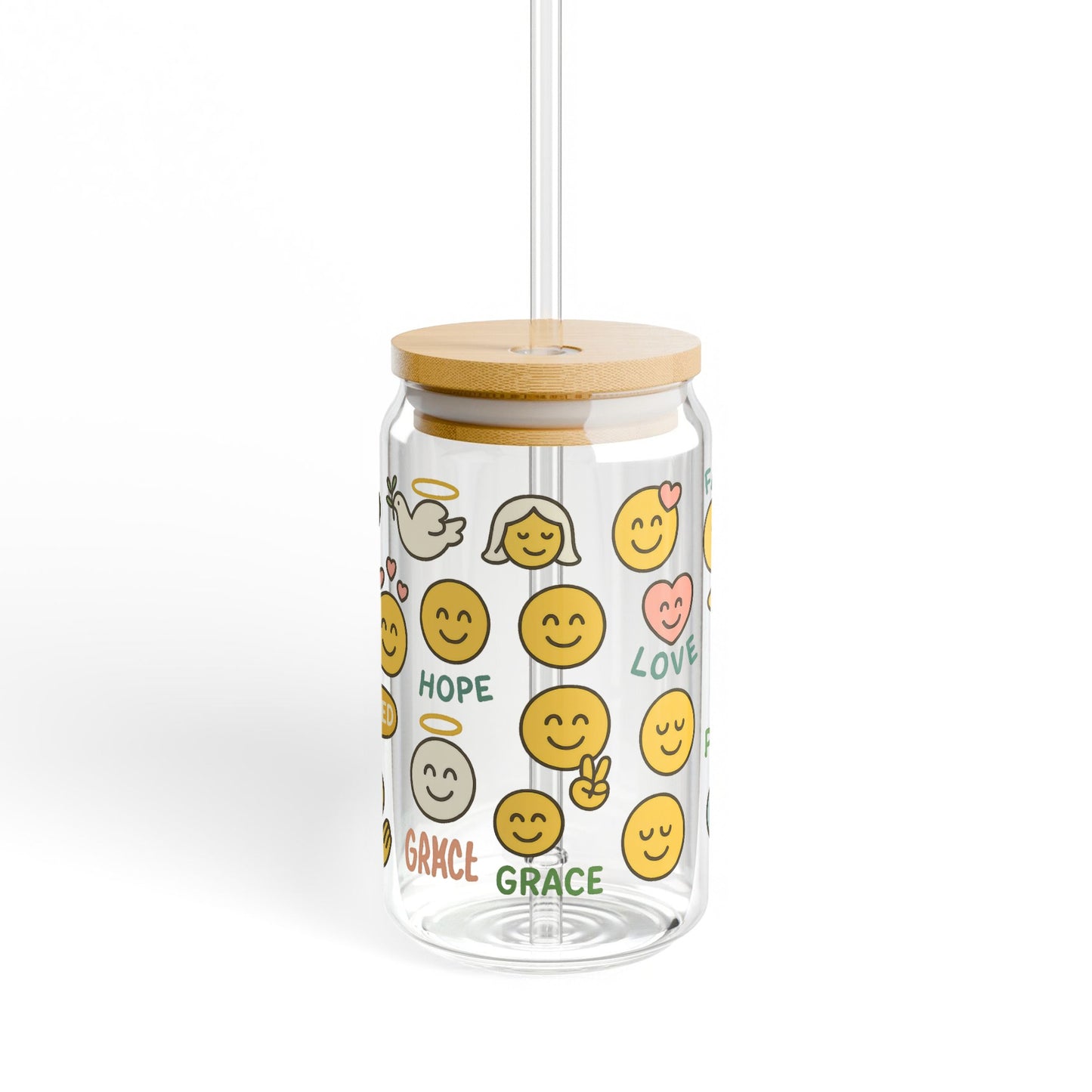 Inspirational Emoji Glass Jar with Bamboo Lid, Cute Storage Container, Smiley Faces Gift