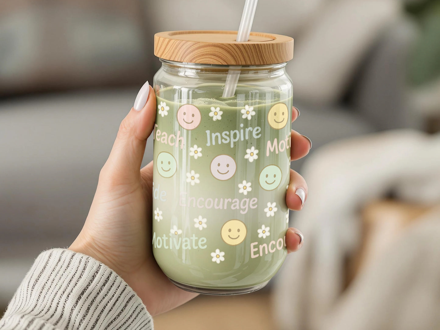 Inspirational Quote Tumbler, Motivational Smiley Face Glass Jar, Eco-Friendly Drinkware with Bamboo Lid