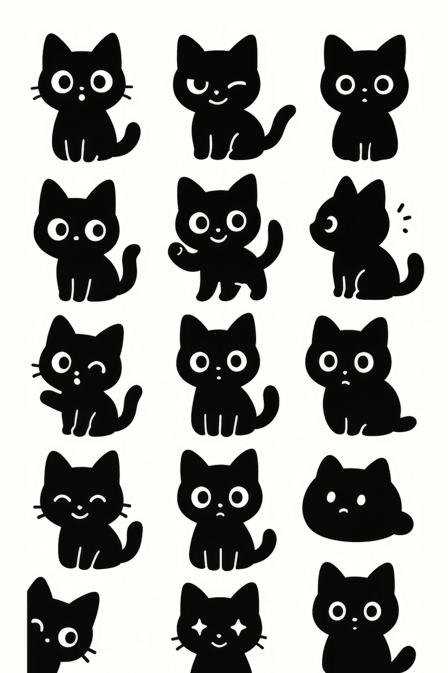 Cute Black Cat Illustrations, Cartoon Cat Stickers, Vinyl Decal, Cat Lover Gift, Fun Kitty Graphics, Set of 12 Styles