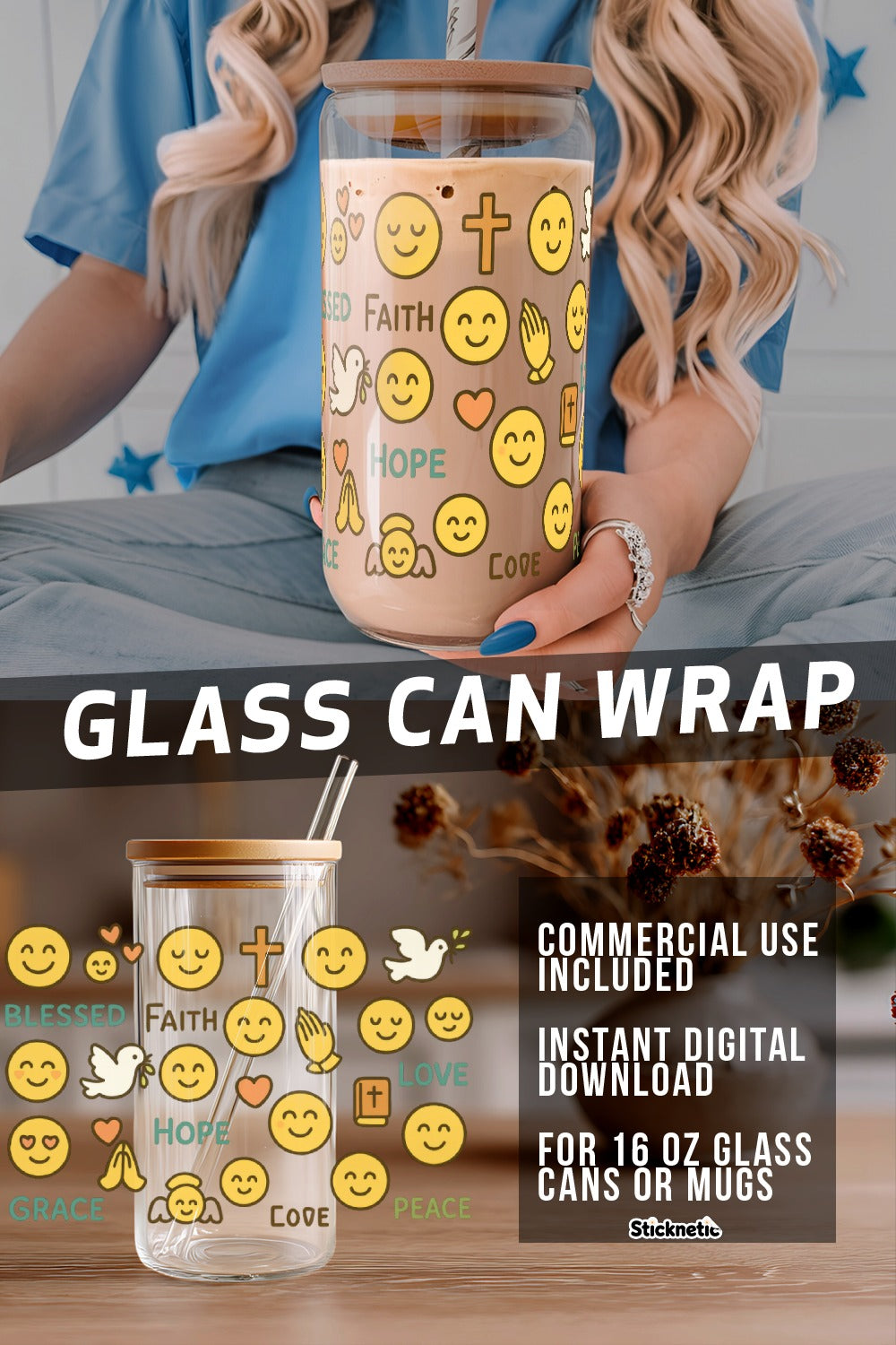 Christian Emoji Glass Can Wrap, Faith Hope Love Digital Download, 16 oz Mug Decal, Religious Stickers