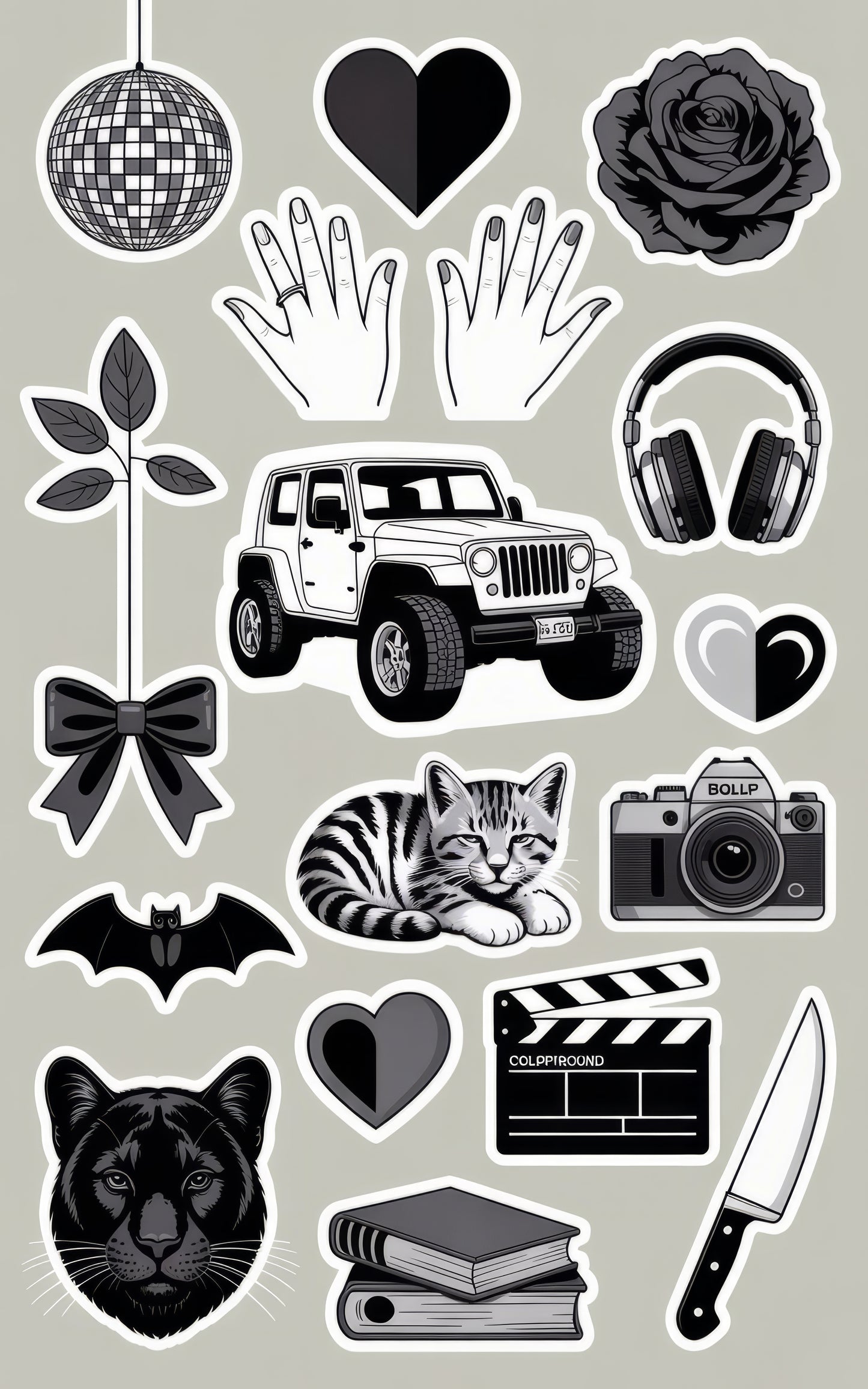 Vinyl Sticker Pack, Decorative Decals, Trendy Icons, Camera, Jeep, Cat, Rose, Hearts, Books, Knife, Disco Ball