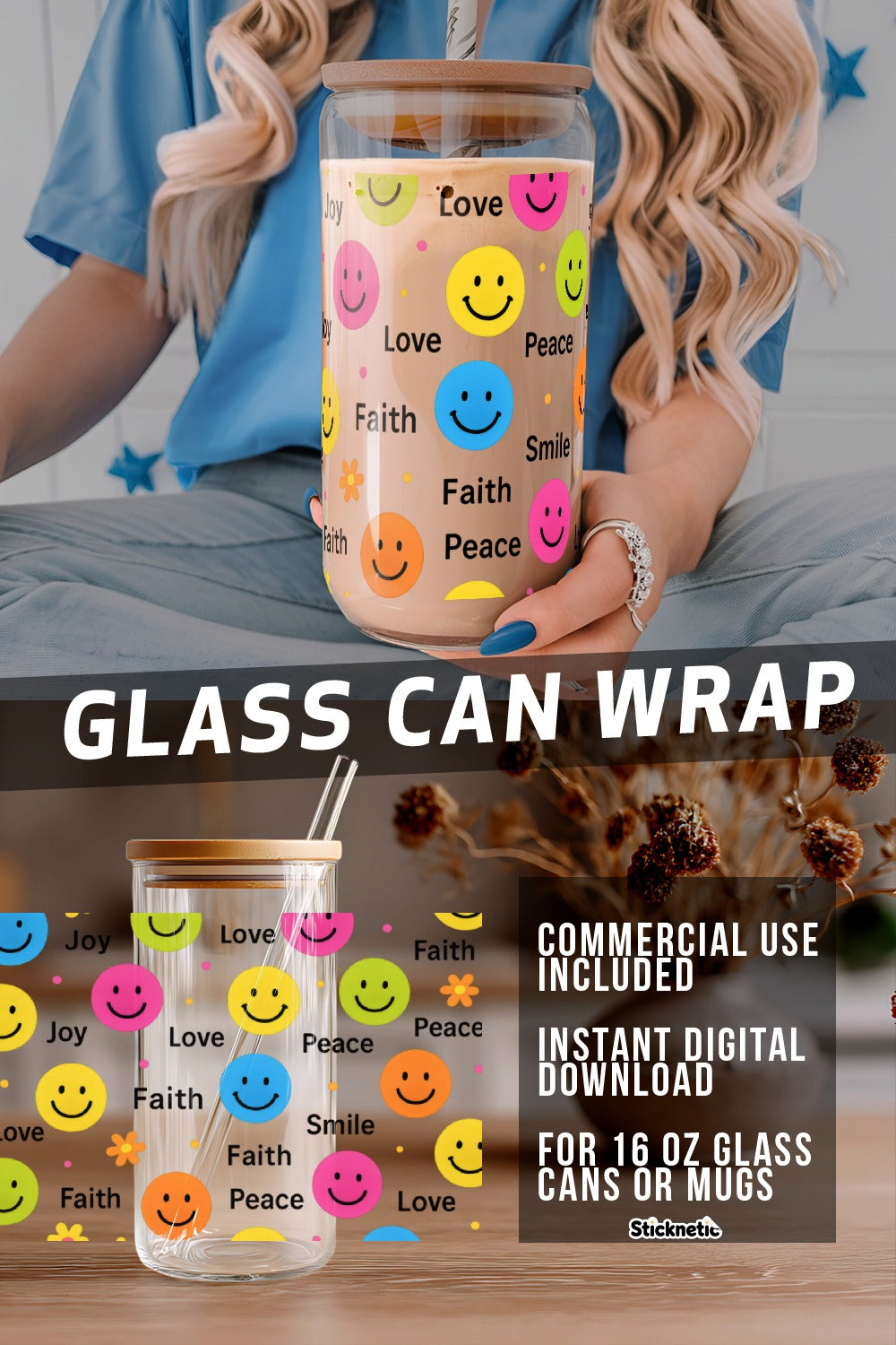 Smiley Face Glass Can Wrap, Instant Download, Digital Sticker for 16 oz Mugs, Commercial Use, Colorful Emoji Design