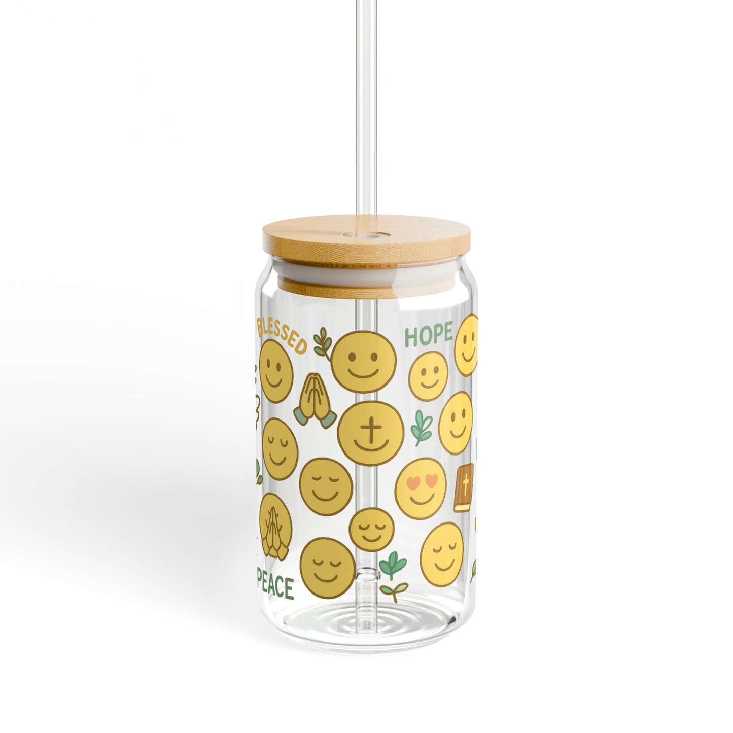 Inspirational Emoji Glass Jar with Straw - Blessed, Hope, Peace Icons - Trendy Reusable Drinkware for Gifts