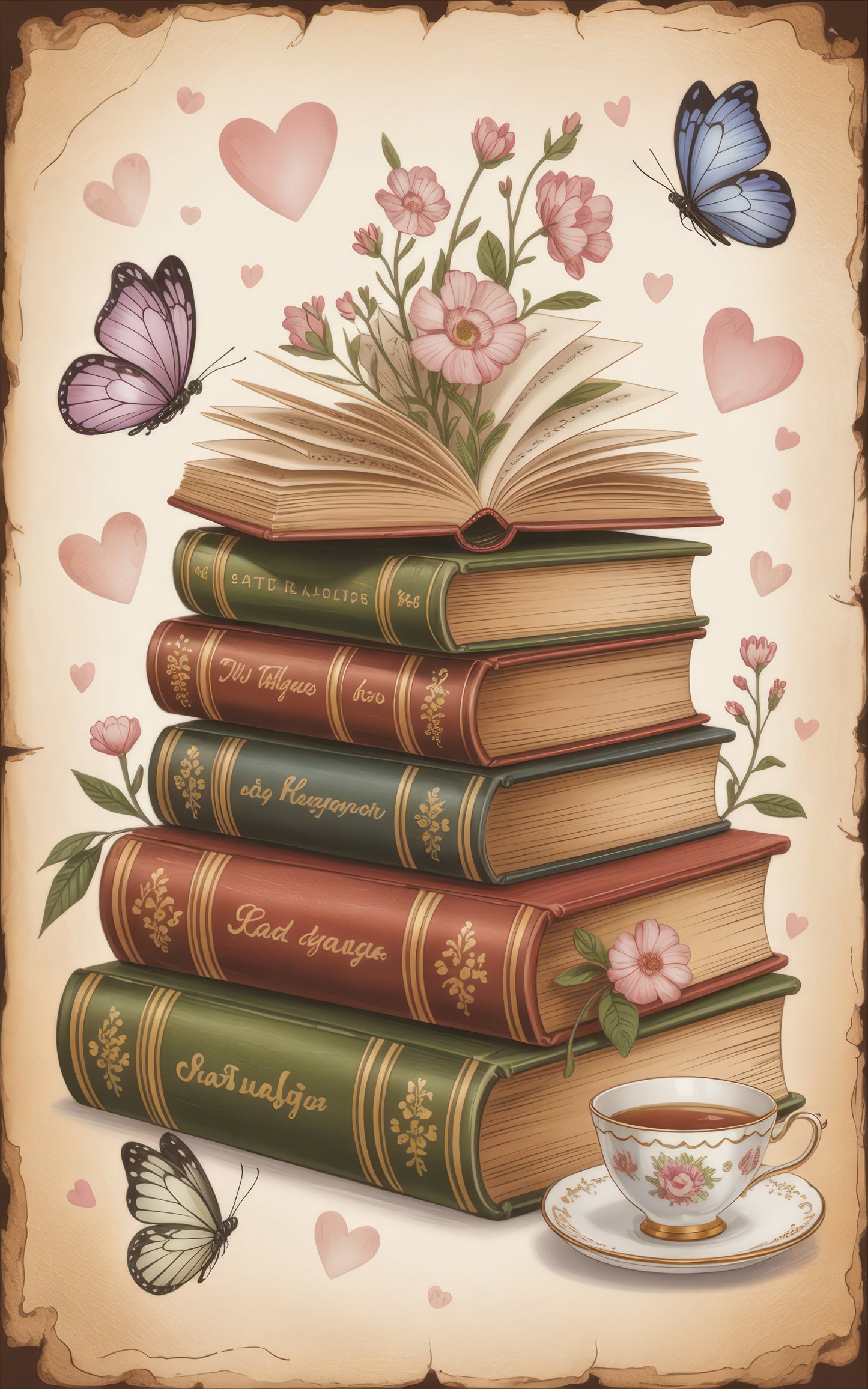 Vintage Book Stack Art Print, Floral Butterflies, Antique Book Illustration, Tea Cup, Wall Decor, Library Poster, Unique Home Decoration
