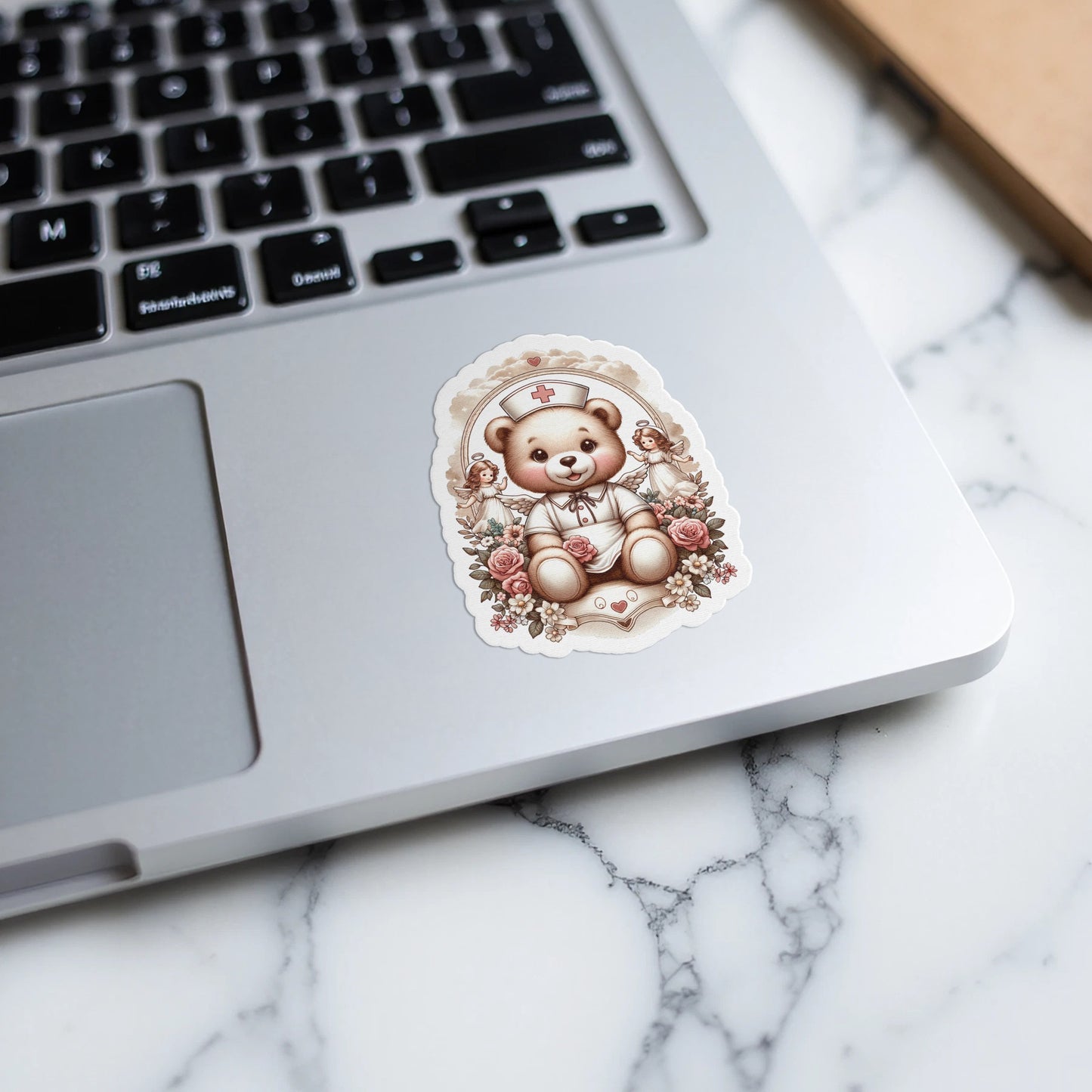 Adorable Bear Nurse with Flowers Print Sticker product