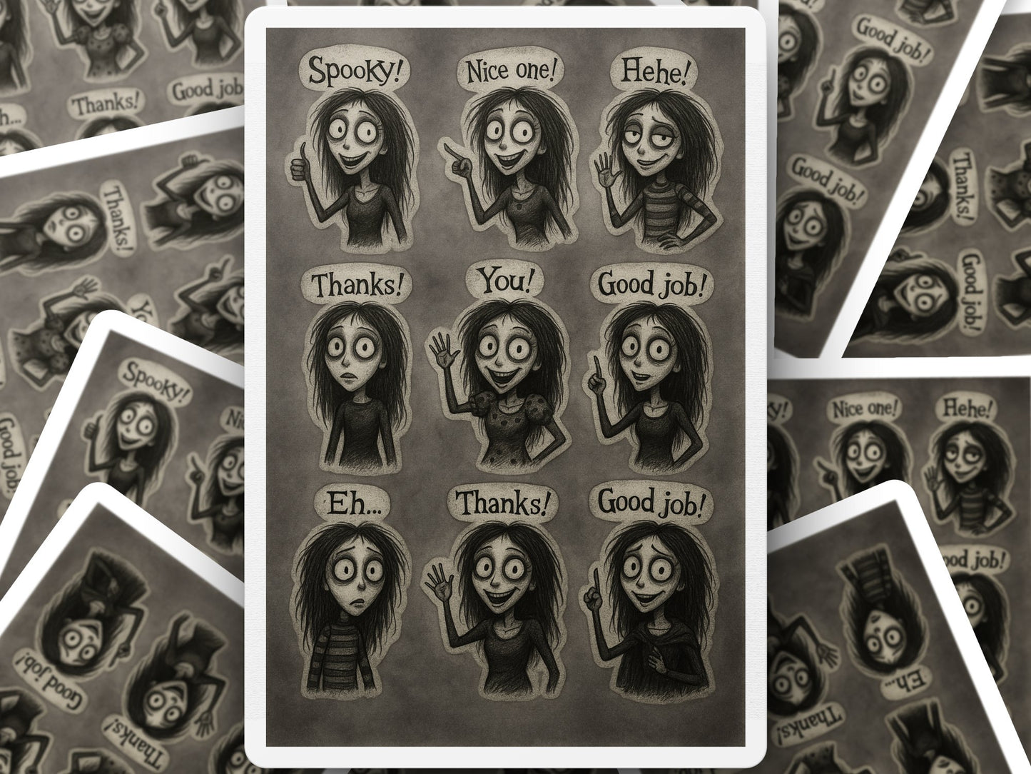 Gothic Style Sticker Sheet, Spooky Cartoon Characters, Halloween Themed, Cute Ghostly Designs, Monochrome Art, Creative Stationery.