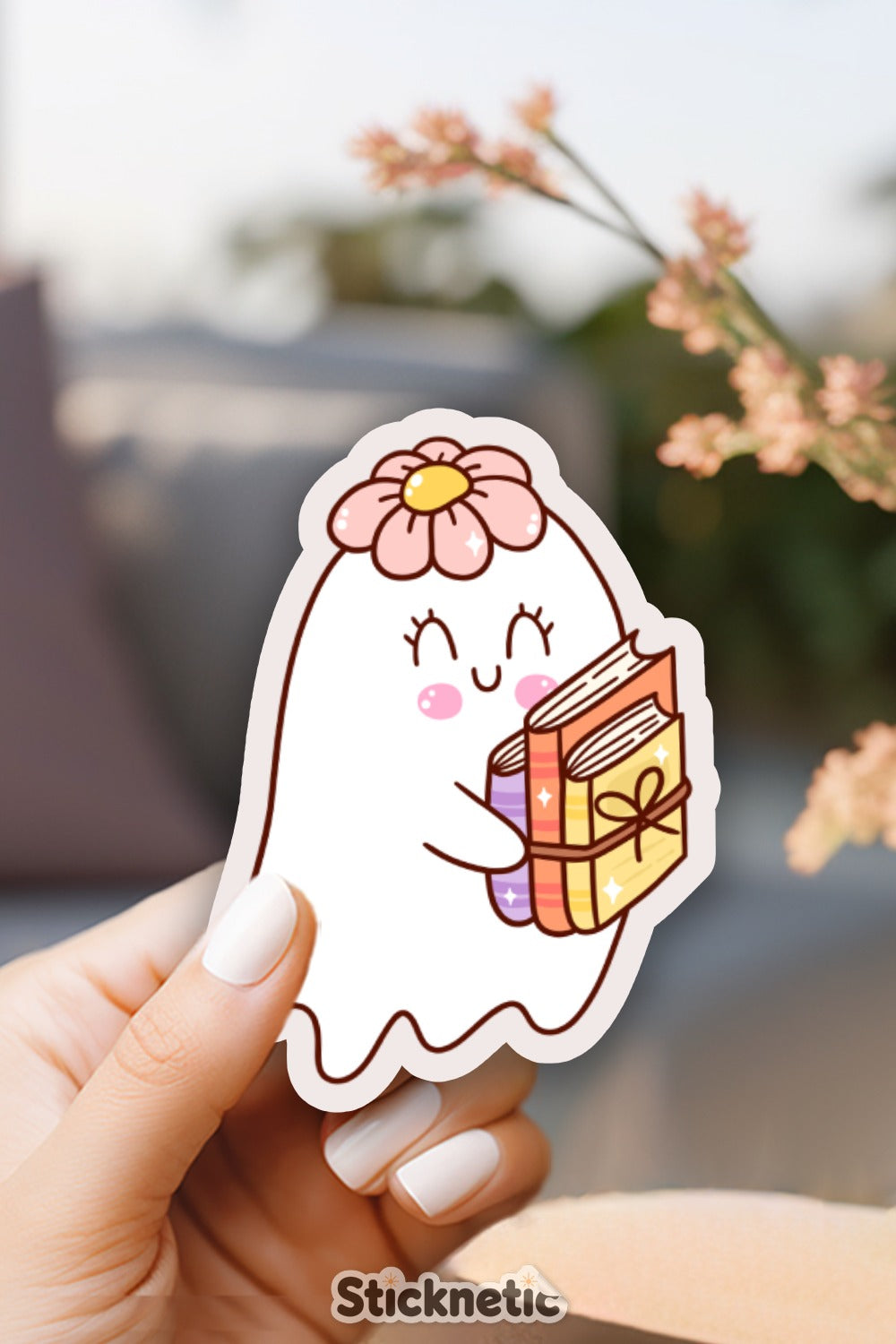 Adorable Ghost Character with Books Sticker product