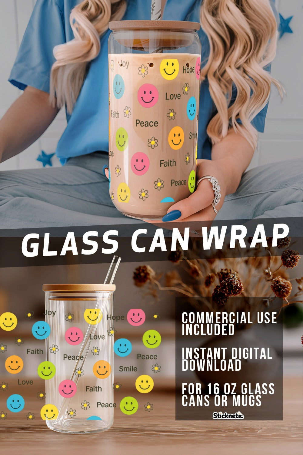 Emoji Glass Can Wrap, Smiley Face Tumbler Design, Peace Love Joy, Instant Download, Digital File for 16 oz Mugs, Commercial Use