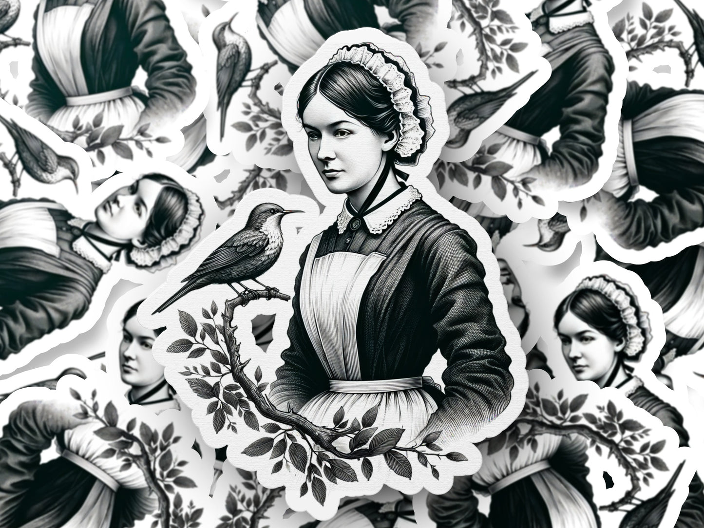 Victorian Lady and Bird Art Print, Classic Black and White Illustration, Vintage Style Wall Decor, Elegant Home Design