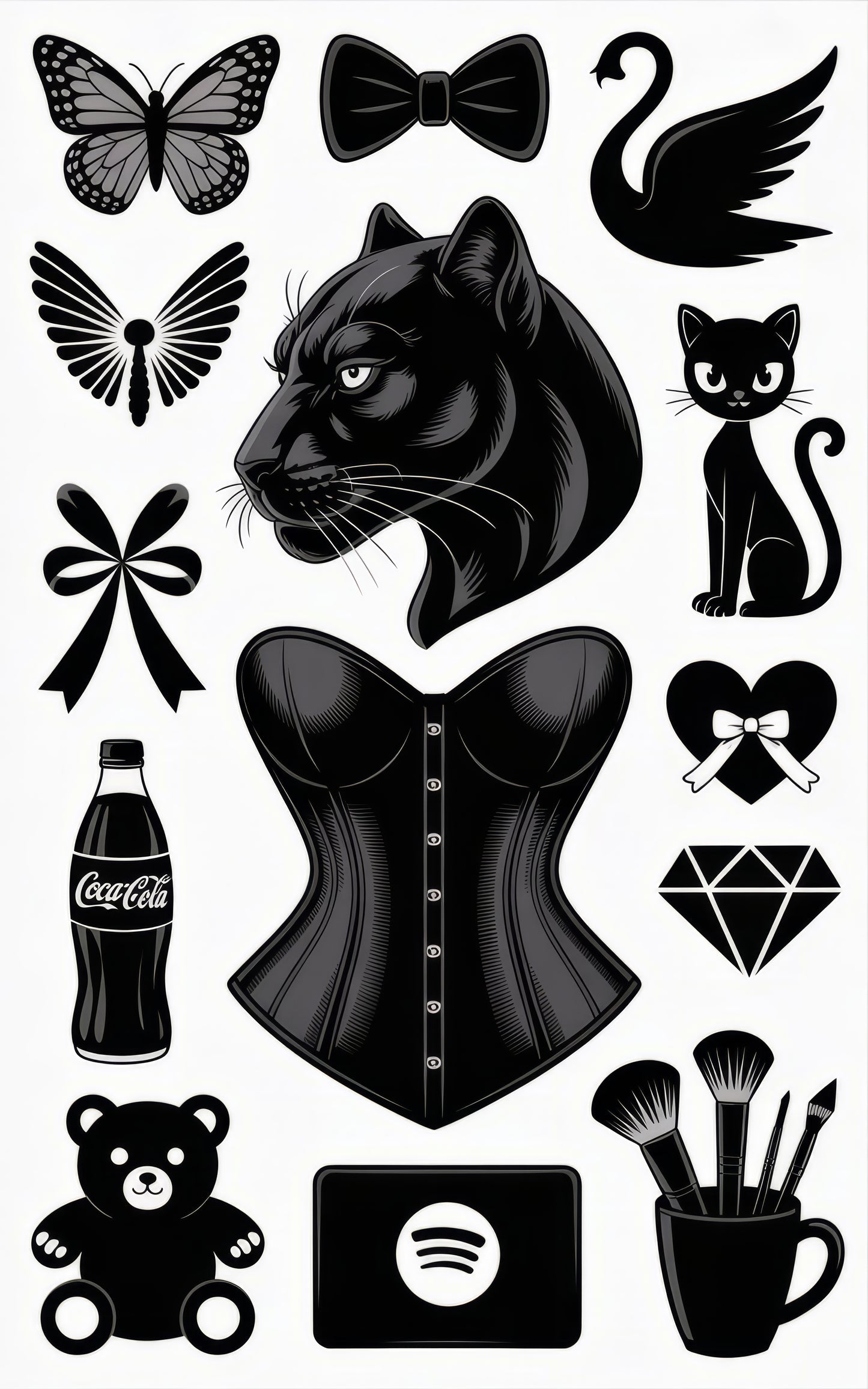Vintage Black Icon Stickers, Butterfly, Panther, Swan, Coke, Corset, Diamond, Bear, Makeup Brushes Set