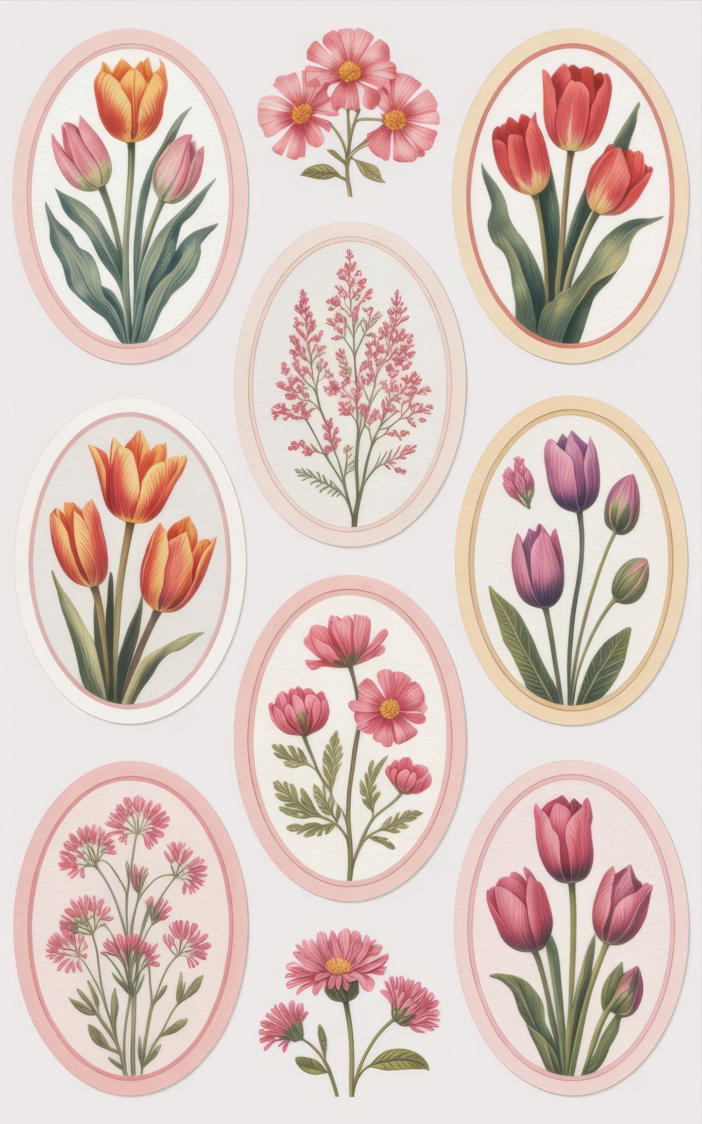 Vintage Floral Prints Set, Botanical Wall Art, Tulip and Daisy Illustrations, Elegant Home Decor, Pink Round Frames, Spring Flowers