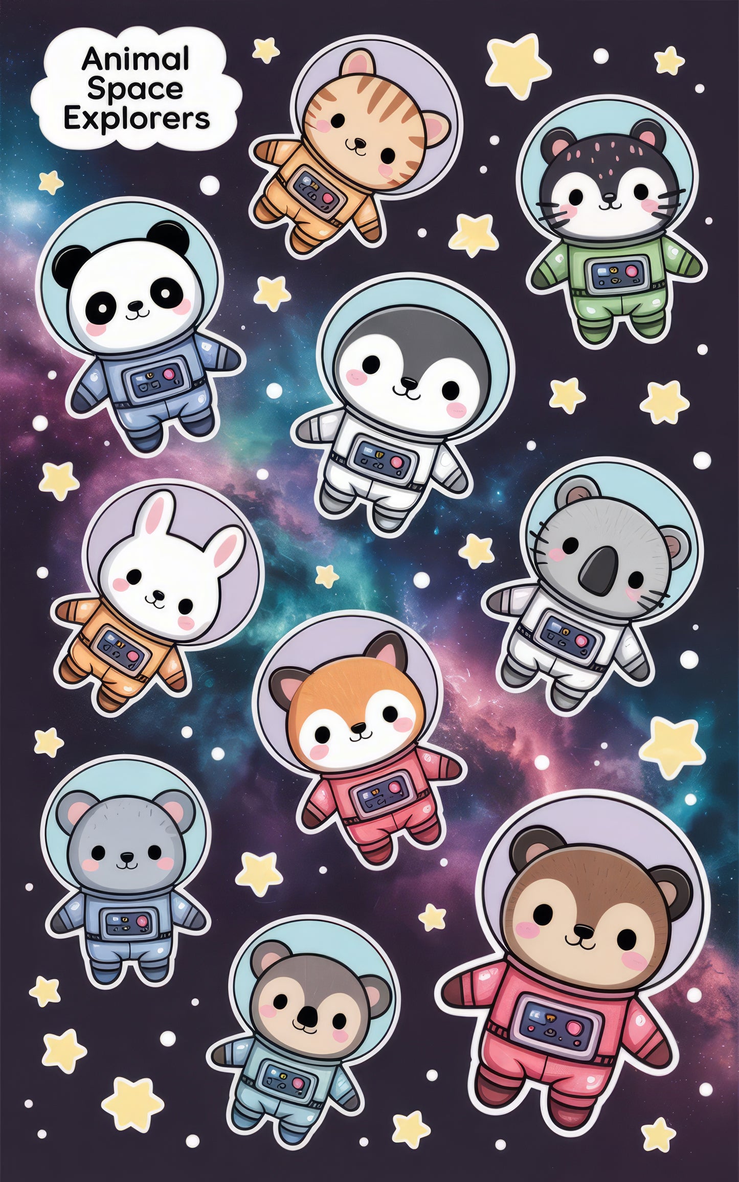 Cute Animal Astronaut Stickers, Space Explorers, Panda, Tiger, Bunny, Fox, Kids Room Decor, Scrapbooking, Party Favors