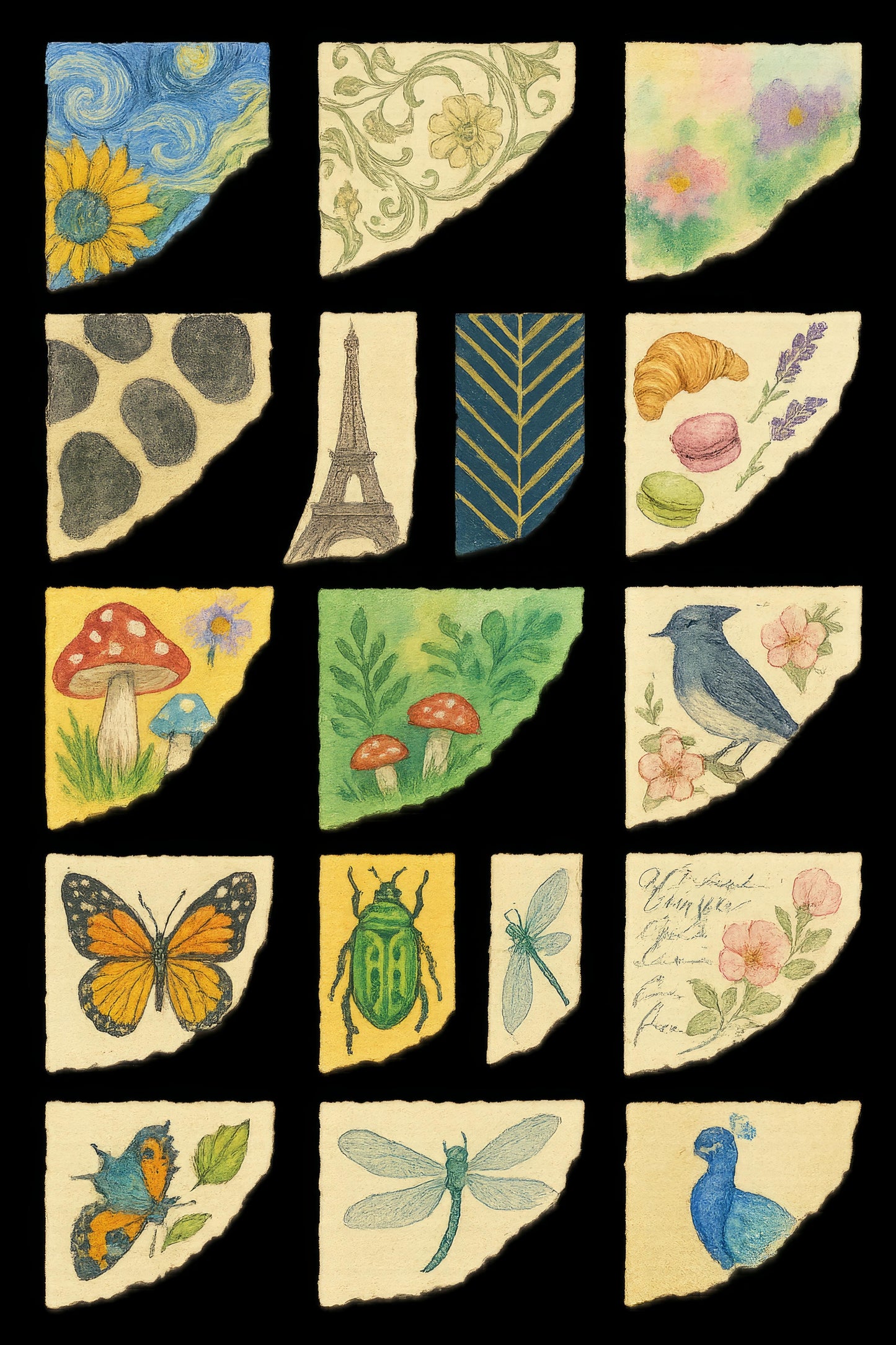 Vintage Watercolor Art Prints, Floral, Animals, Paris Eiffel Tower, Botanical Illustrations Set