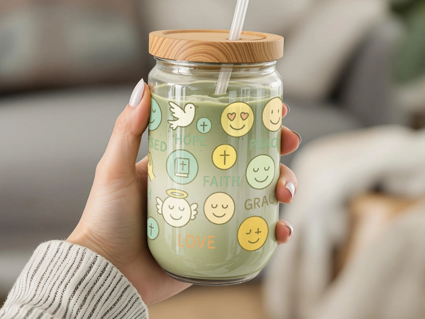 Inspirational Glass Jar Tumbler with Bamboo Lid, Positive Message Icons, Handheld Eco-Friendly Drinkware