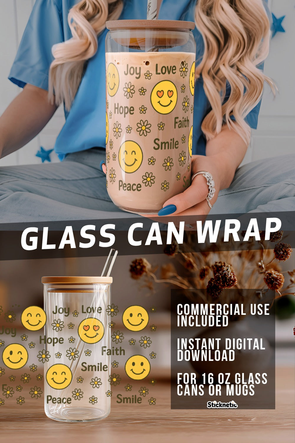 Glass Can Wrap SVG, Joy Peace Smile Design, Digital Download, Commercial Use, DIY 16 oz Mug Decal, Summer Vibes Drinkware Decor