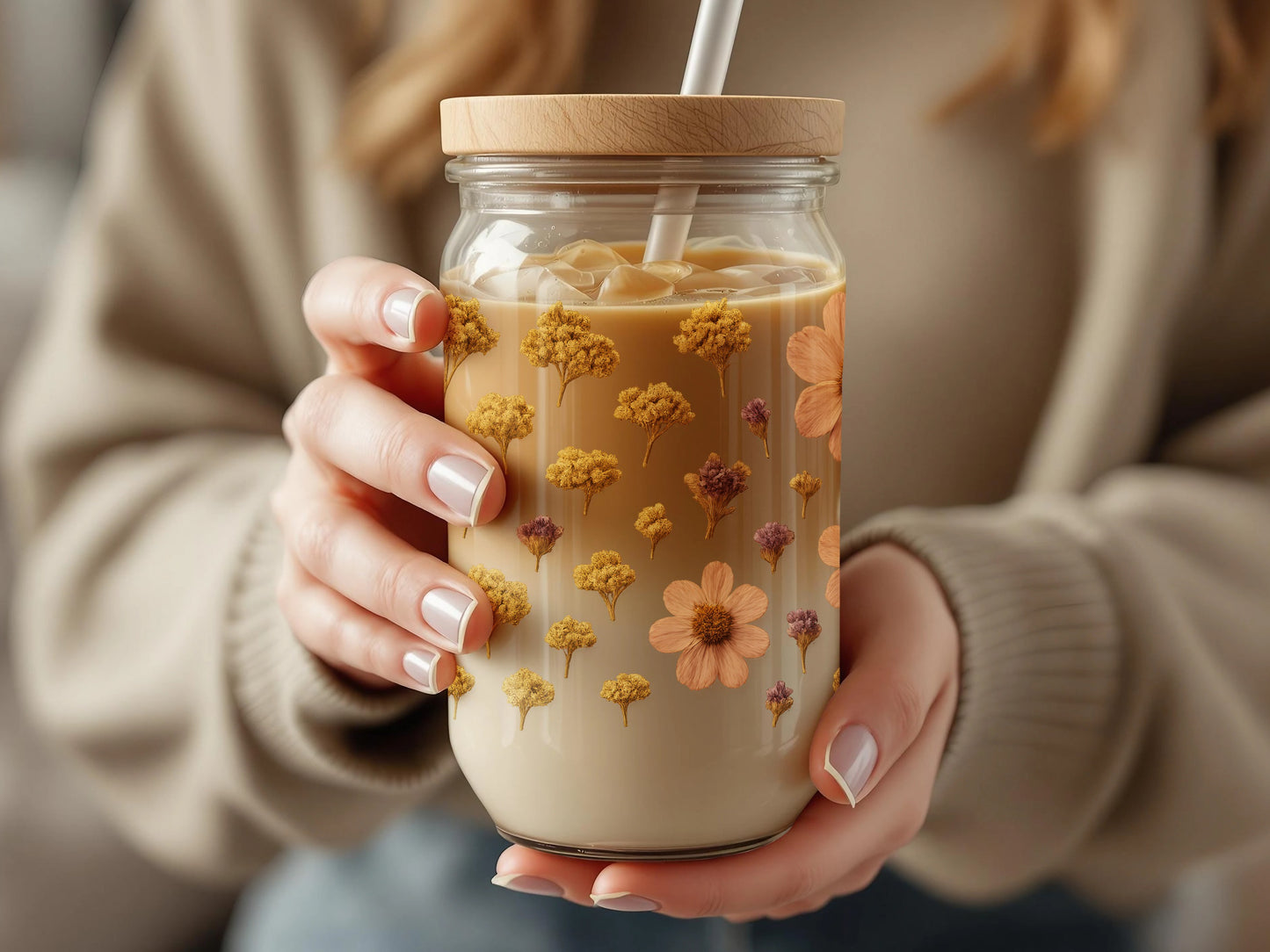 Handmade Floral Cold Brew Mason Jar Tumbler, Eco-Friendly Reusable Drinkware with Wooden Straw, Unique Gift Idea
