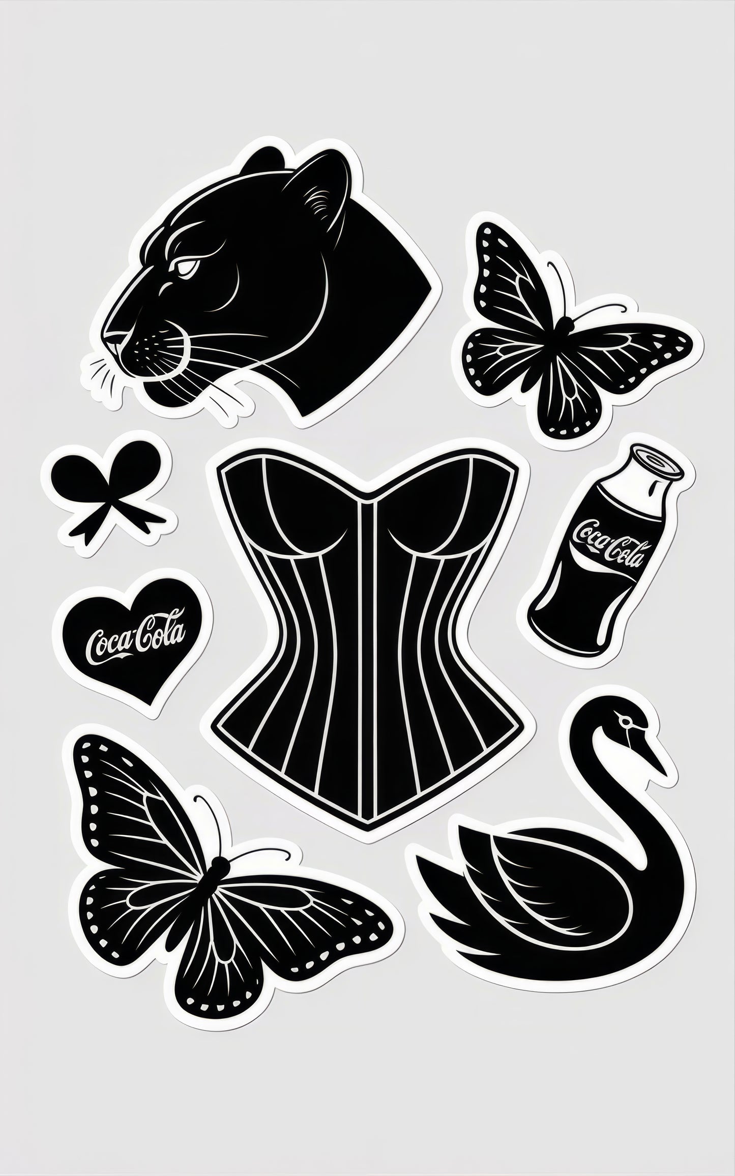 Vintage Sticker Pack, Retro Coca-Cola, Butterfly, Corset Design, Black and White Aesthetic, Waterproof Vinyl Stickers