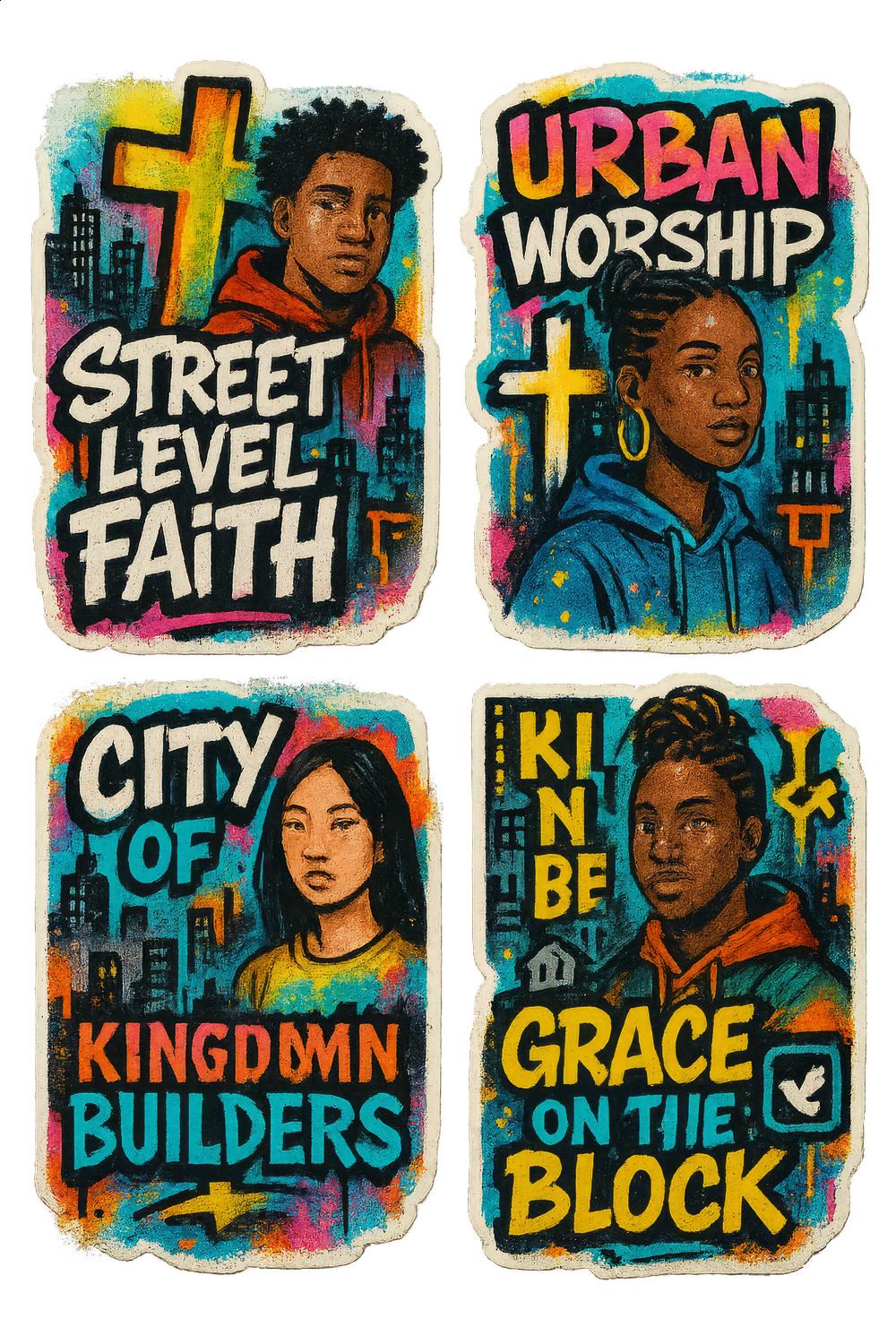 Urban Worship Street Art Coasters, Christian Faith Decor, Multi-Ethnic Grace Motif Set