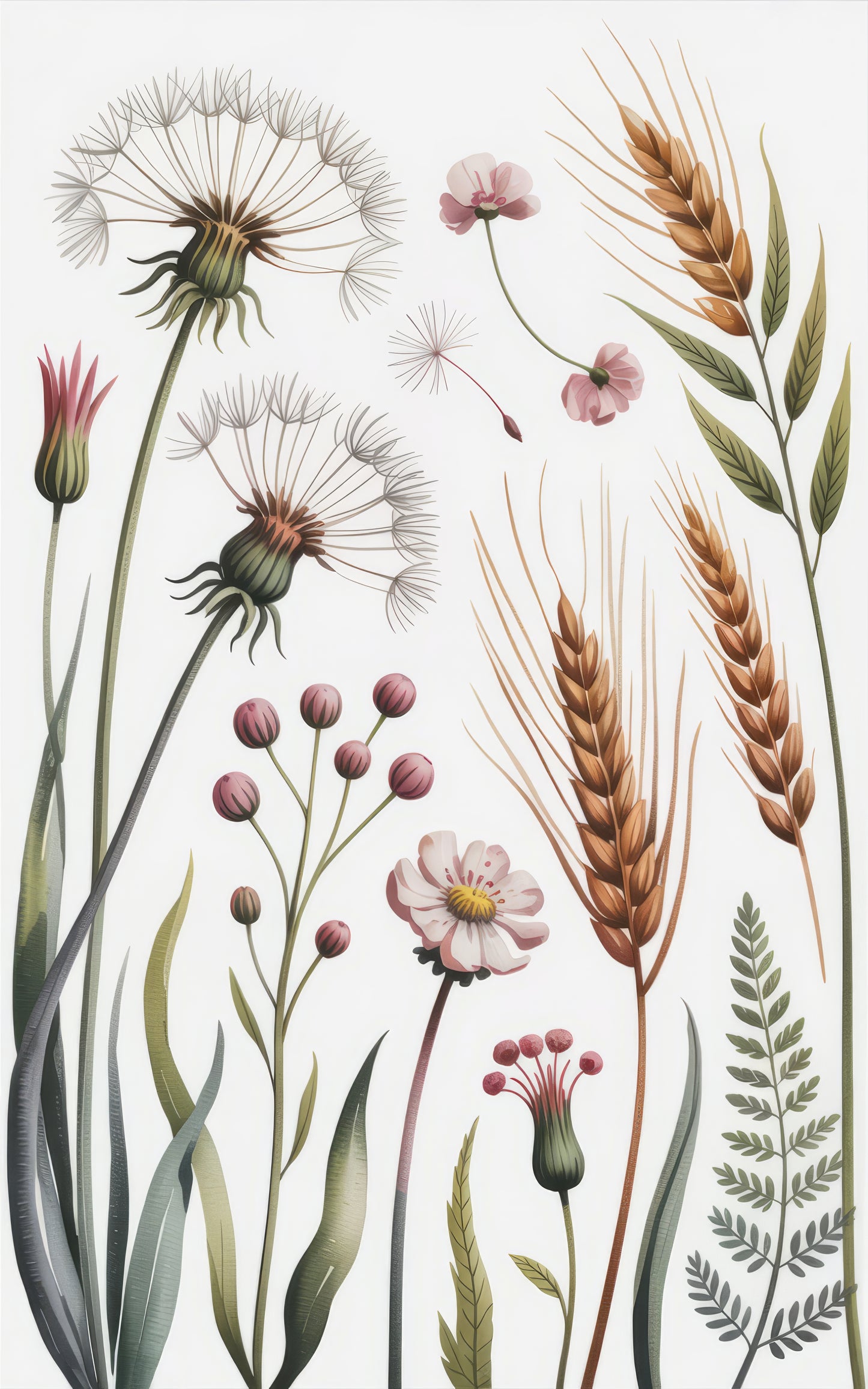 Botanical Art Print, Vintage Flower and Plant Illustration, Floral Poster, Home Decor, Nature Wall Art, Dandelion, Wheat, Sakura