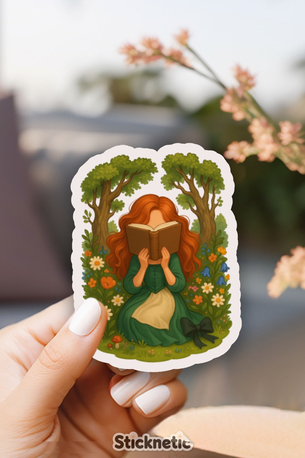 Reading Girl in Nature Sticker, Vinyl Waterproof Decal for Laptops, Notebooks, and Water Bottles.