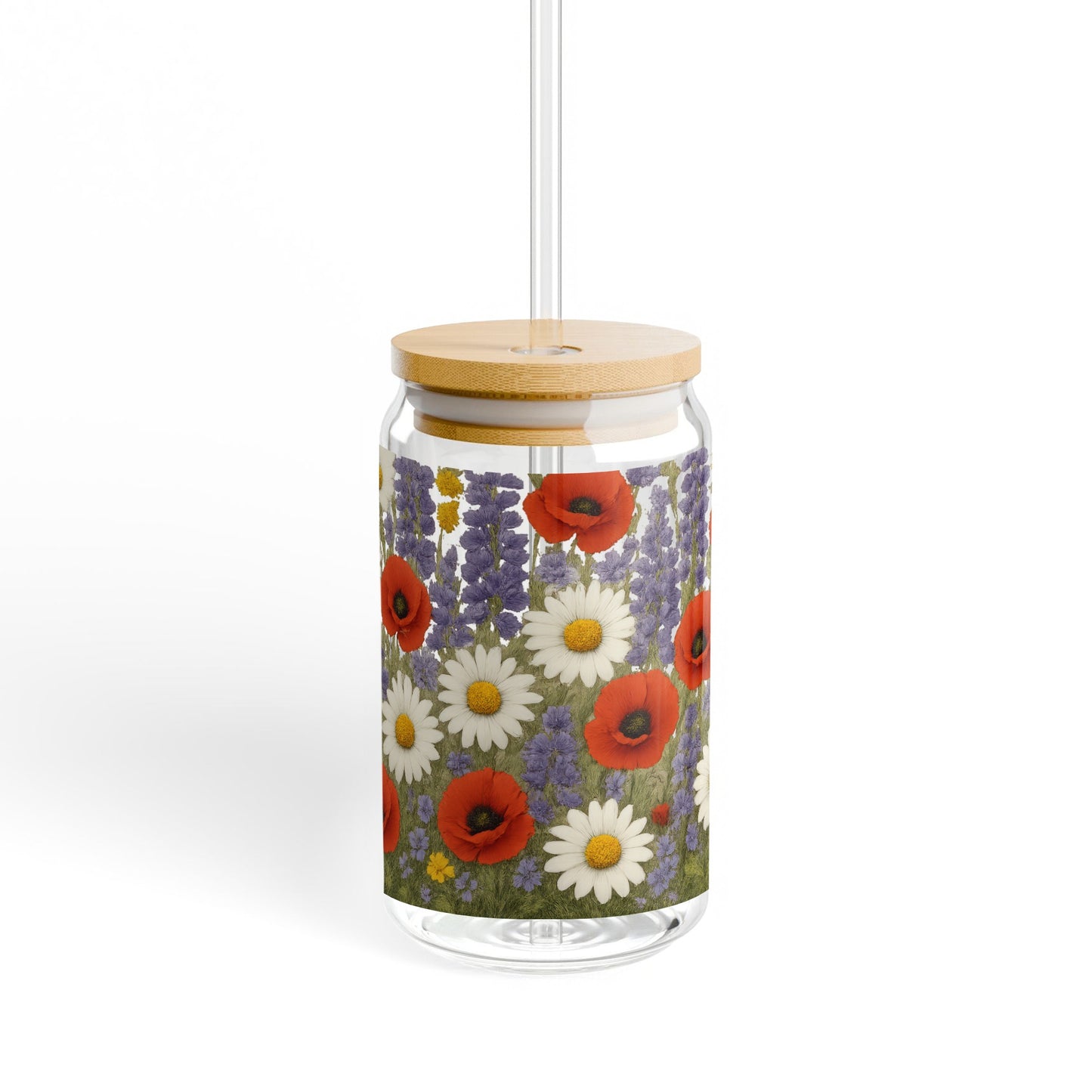 Floral Glass Jar Candle Holder with Wooden Lid, Colorful Poppies and Daisies Design, Home Decor