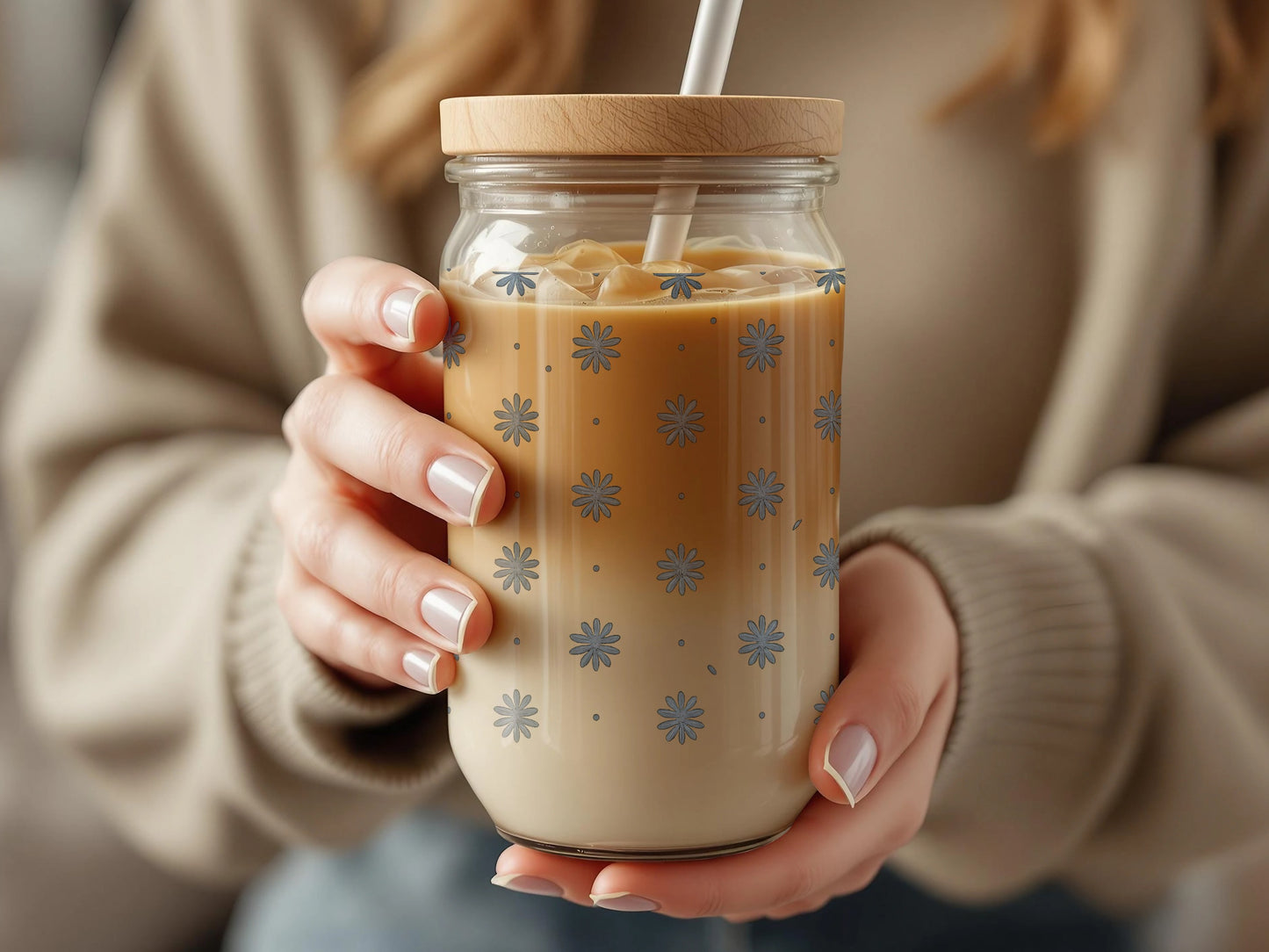 Flower Pattern Glass Jar with Straw, Reusable Iced Coffee Cup, Eco-Friendly Drinkware, Gift Idea