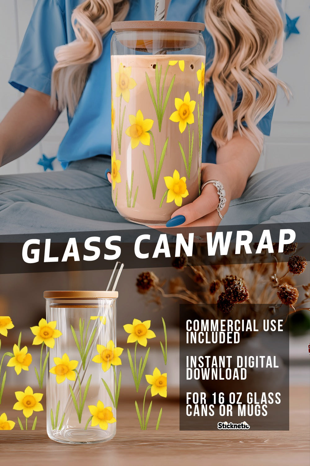 Glass Can Wrap Floral Design, Yellow Flowers, Digital Download, Commercial Use, DIY 16 oz Mug Decal Template