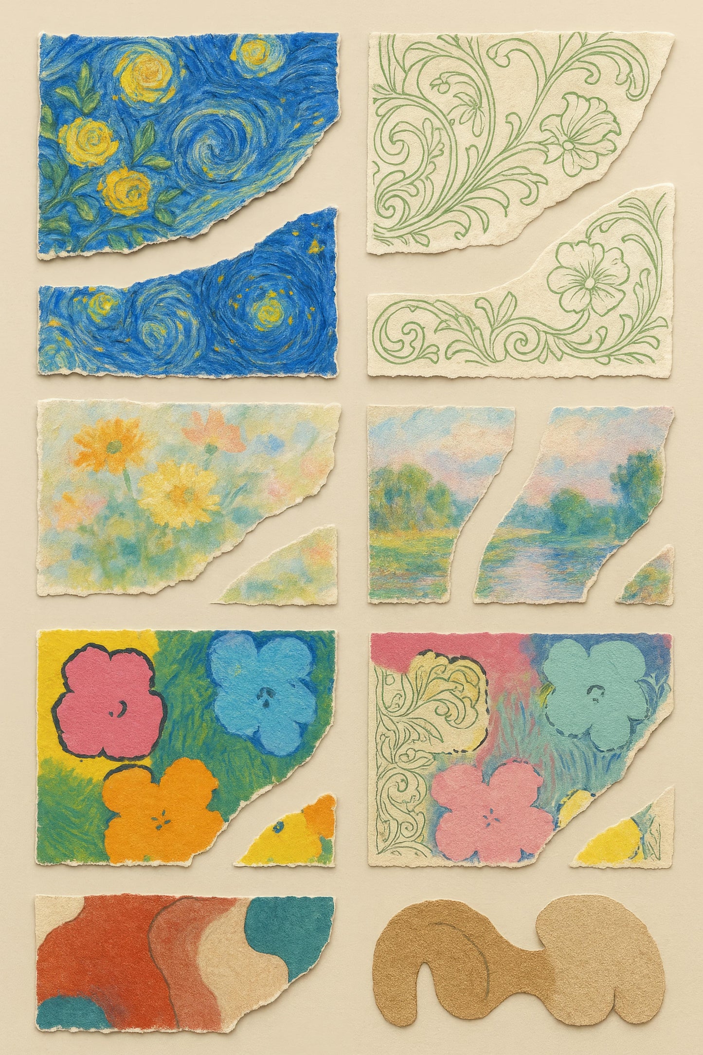Assorted Art Prints Set, Van Gogh Starry Night, Floral Patterns, Abstract Watercolors, Decorative Wall Art, Gift Idea