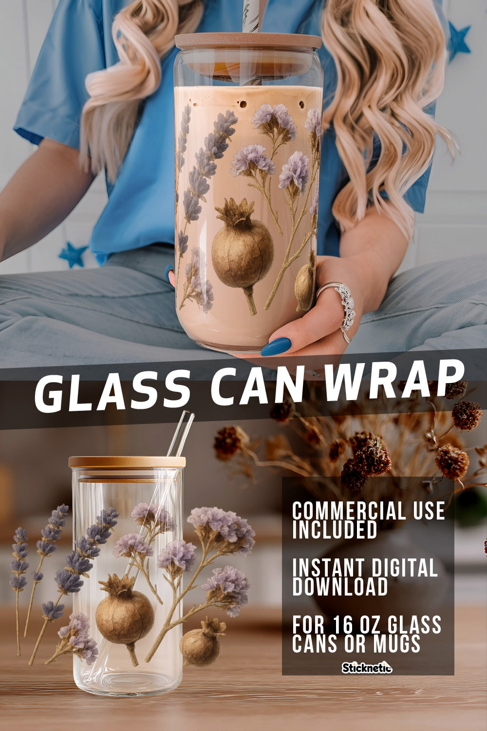 Floral Glass Can Wrap SVG, Digital Download for 16 oz Cans, Trendy Drinkware Decoration, DIY Vinyl Template