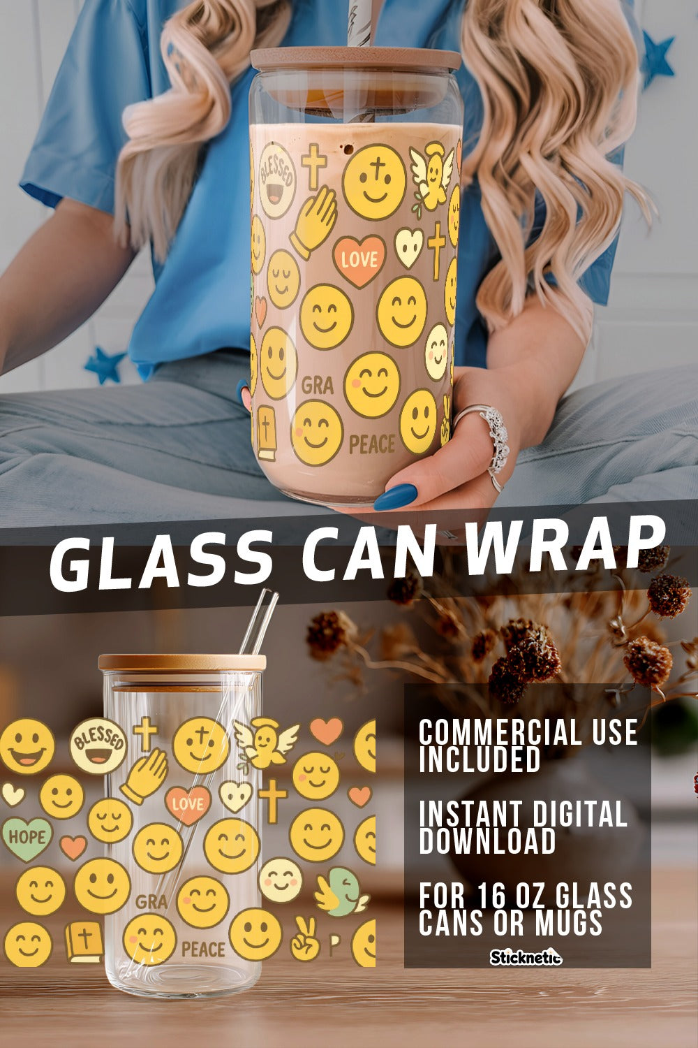 Trendy Emoji Glass Can Wrap SVG, Instant Download, Digital File for 16 oz Mugs, Cute Beverage Holder Design