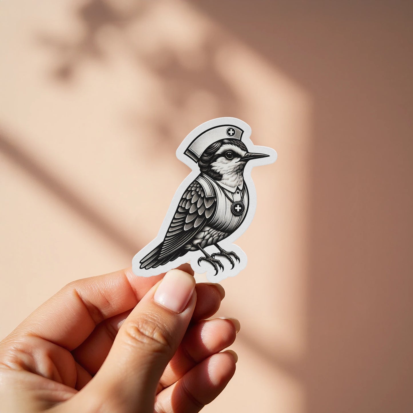Vintage Nurse Bird Sticker, Unique Black and White Bird Decal, Waterproof Vinyl, Laptop Skins, Planner Accessories