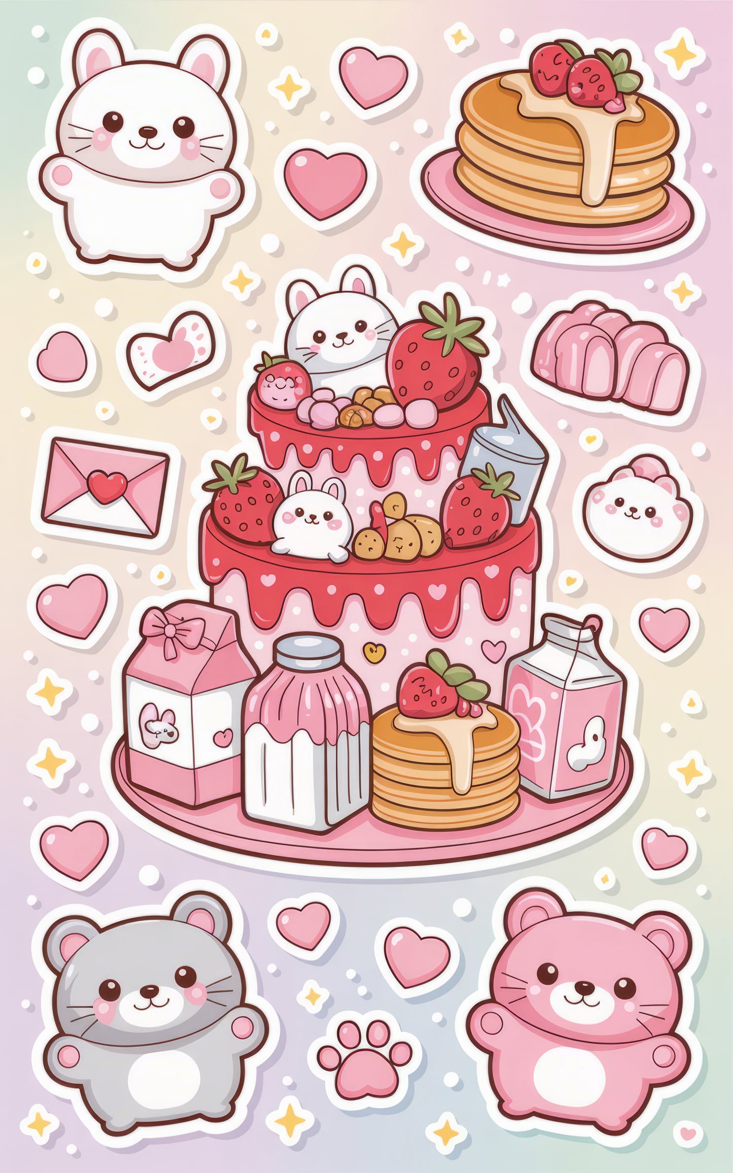 Cute Kawaii Animals and Desserts Poster, Adorable Bears and Bunnies, Strawberry Cake Print, Kids Room Decor, Nursery Wall Art, Gift Idea
