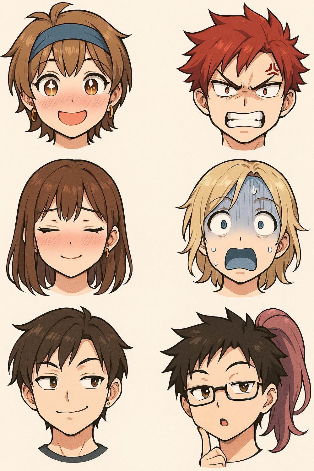 Anime Expression Wall Art, Colorful Cartoon Faces Poster, Manga Style Room Decor, Vibrant Character Illustration Print