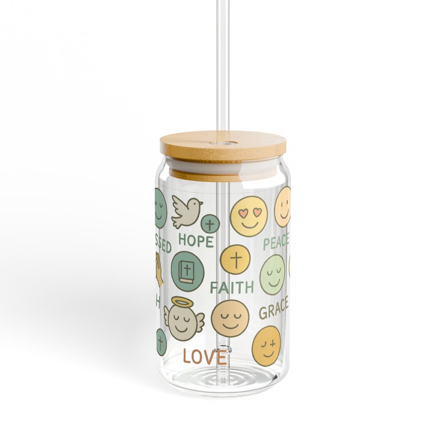 Inspirational Emoji Mason Jar Tumbler - Reusable Glass Mug with Bamboo Lid, Faith Love Peace Hope Motifs for Gifts