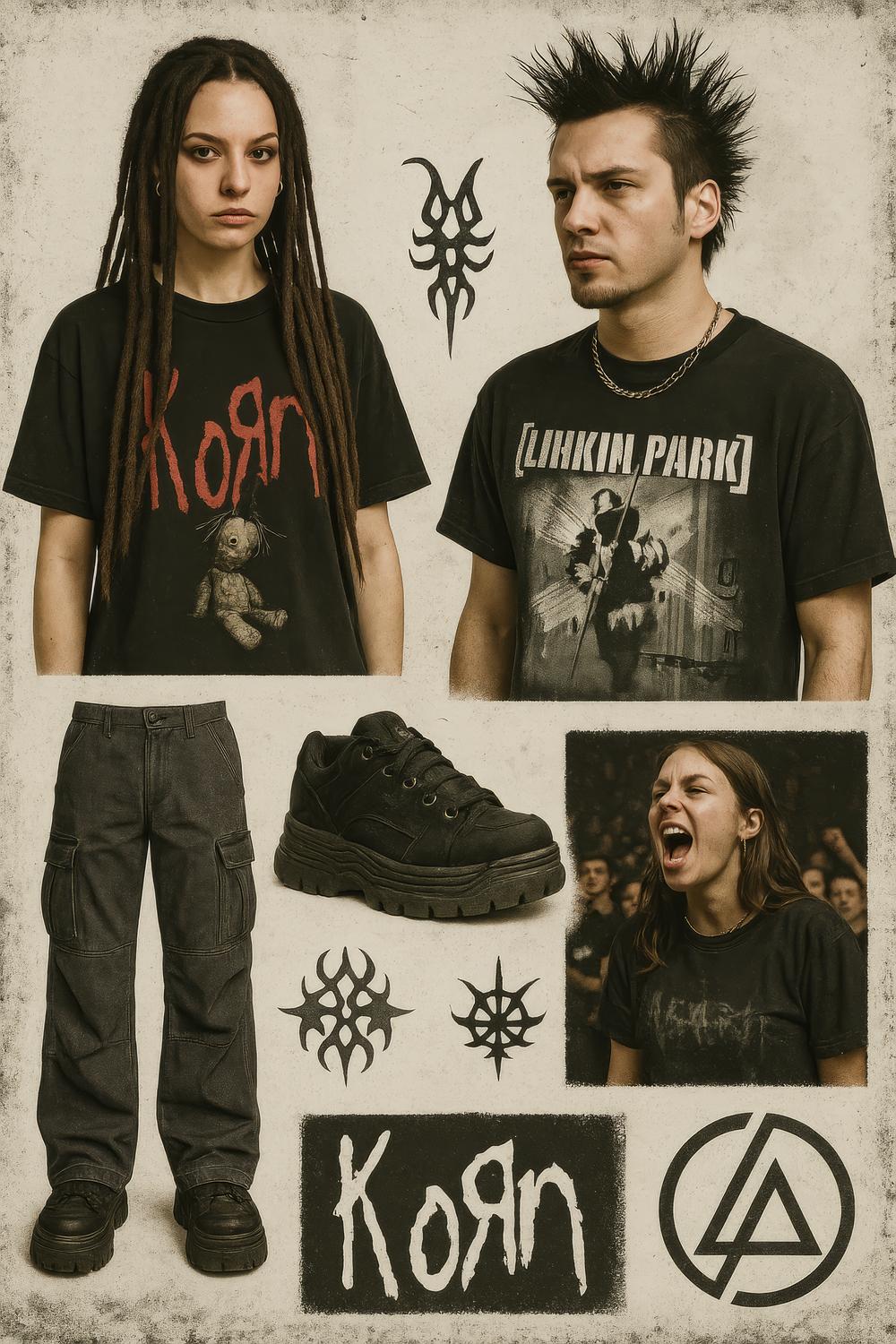 Vintage Korn and Linkin Park Band T-Shirts, Cargo Pants, Skate Shoes, Music Fan Apparel