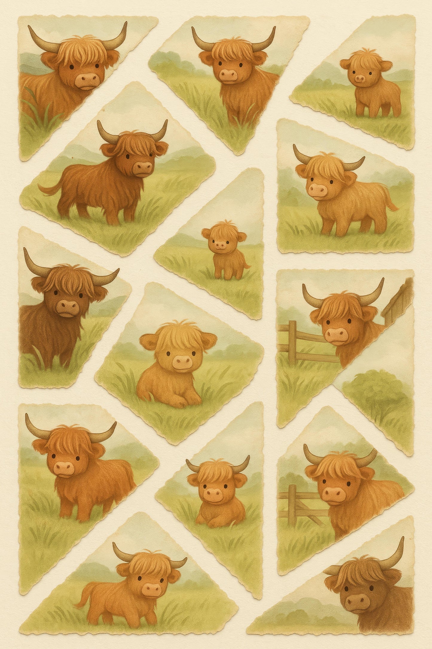 Highland Cow Art Print, Rustic Farmhouse Decor, Vintage Style Watercolor Cattle Illustrations, Set of Various Poses and Expressions.