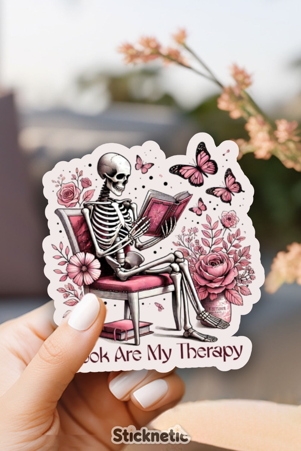 Skeleton Reading with Butterflies Sticker product type