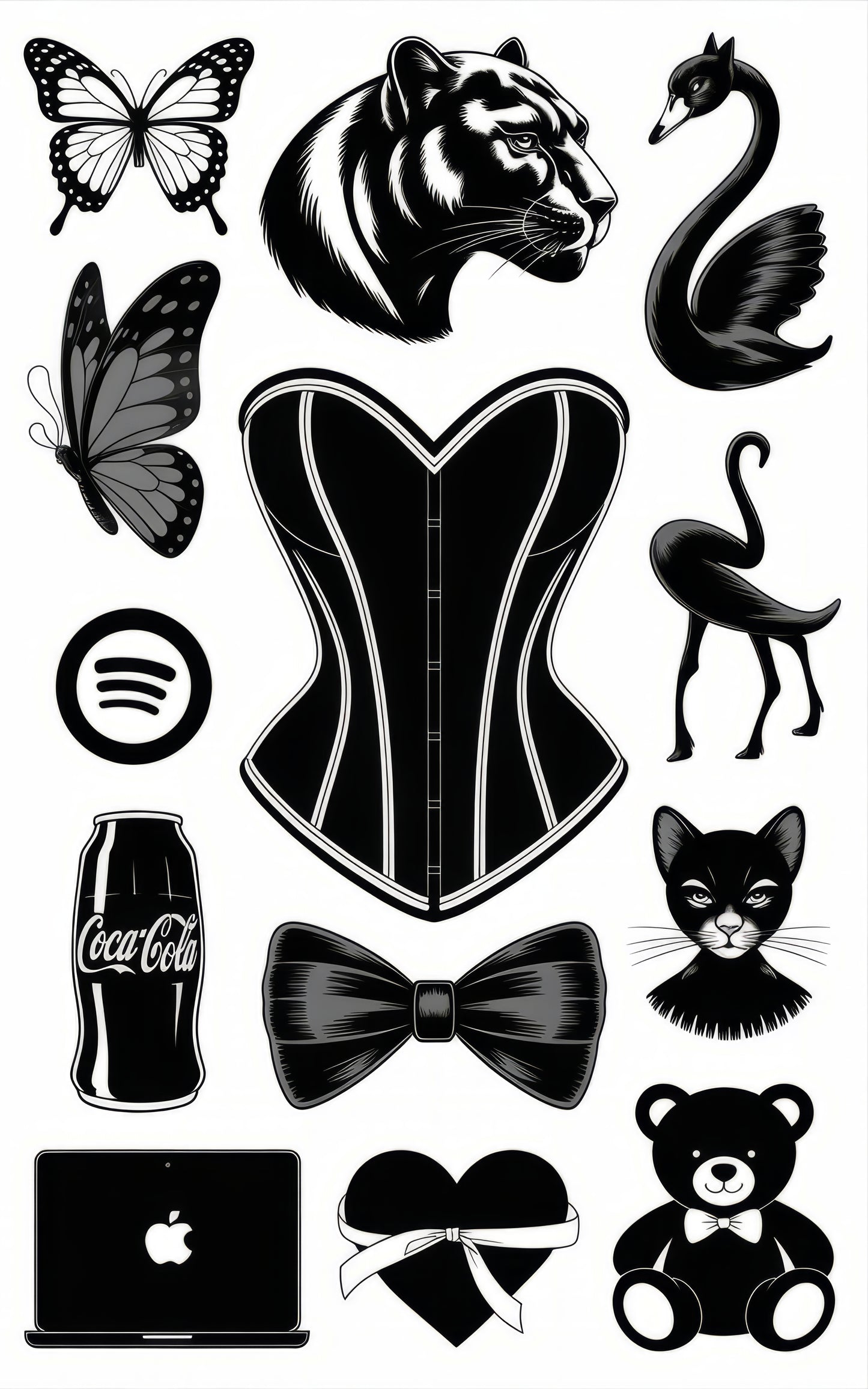 Vintage Style Stickers Set, Butterfly, Tiger, Swan, Corset, Bow Tie, Laptop, Teddy Bear Decals