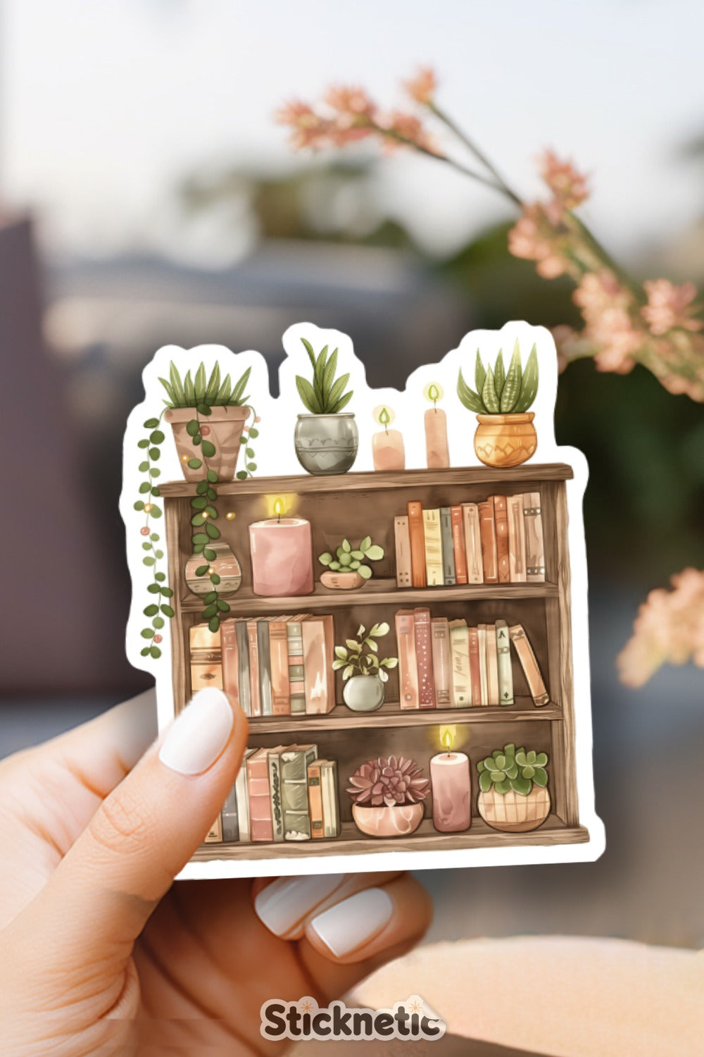 Cozy Bookshelf with Plants and Candles Sticker product